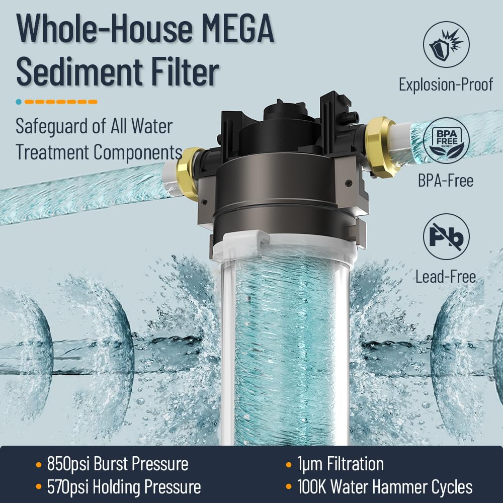 BriskSpring Whole House Water Filter System, MEGA Spin Down Sediment Filter, 1-10mircon PP Filter+Carbon Block Reduces Chlorine, Sediment&Odor, No-Shutoff Maintenance, 1" MNPT + 3/4" FNPT, White