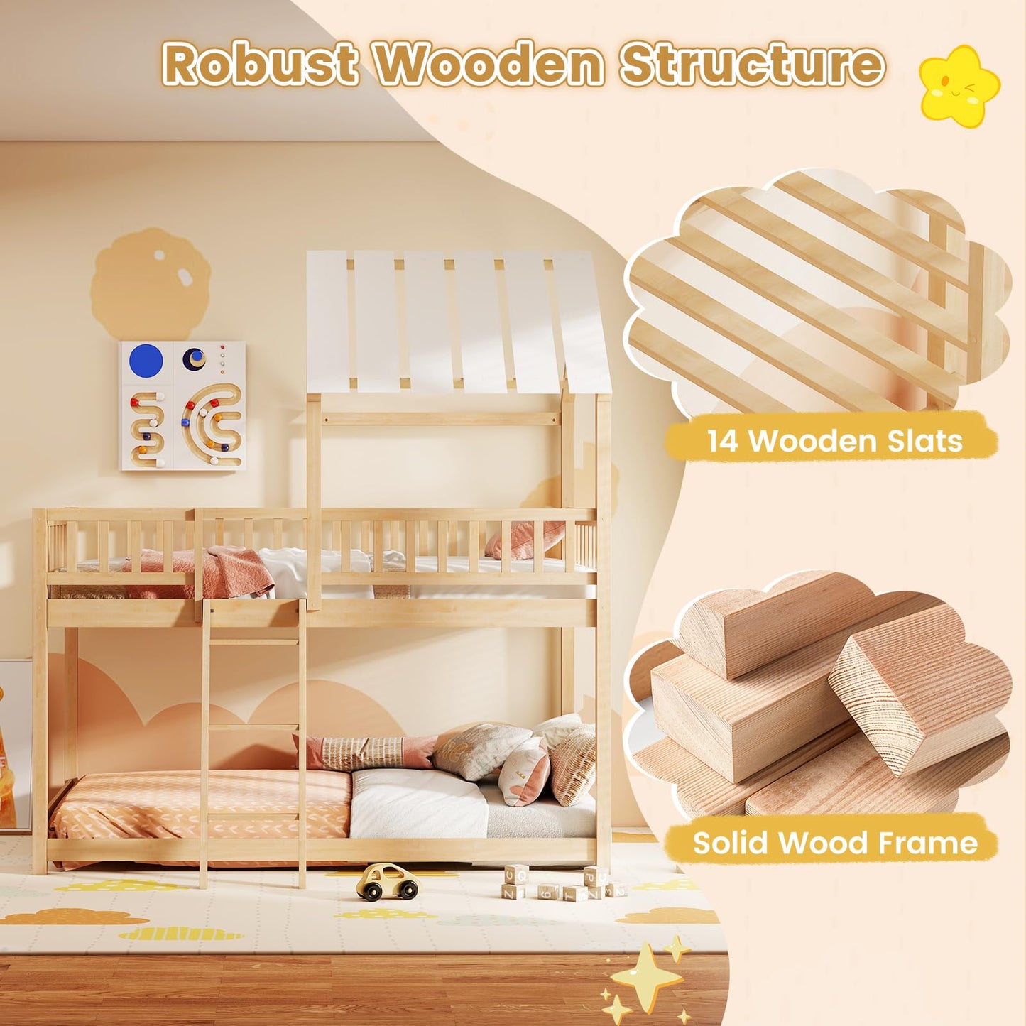 Giantex Twin Over Twin House Bunk Bed, Low Loft Bed Frame with Roof, Wood Bunk Bed with Ladder & Full-Length Guardrails, Twin Floor Bed for Kids Teens Boys Girls, No Box Spring Needed (Natural)