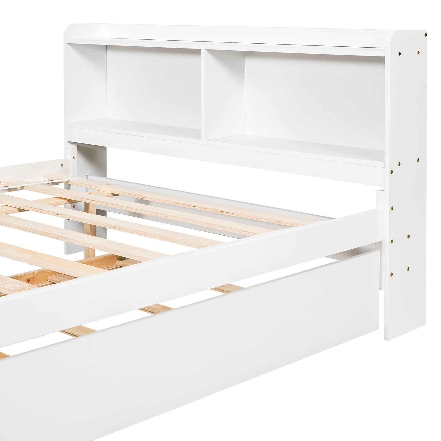 Full Size Bed Frame with Trundle,Captain’s Bed Full with Bookcase Headboard for Kids,Trundle Bed with Storage for Kids,Teens,Adults(White)