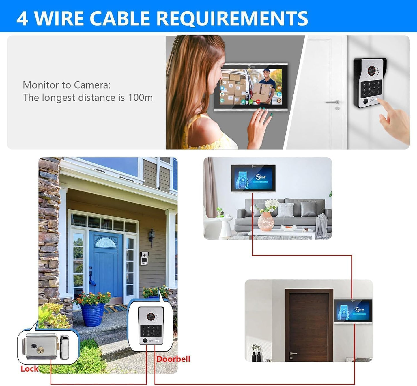 WiFi Wired Video Doorbell System,7 Inch High-Definition Monitor +Ring Camera,Remote/ID/Password/Fingerprints Unlock,Night Vision,Two-Way Intercom for Villa Home Apartment (2 Doorbell+4 Monitor)