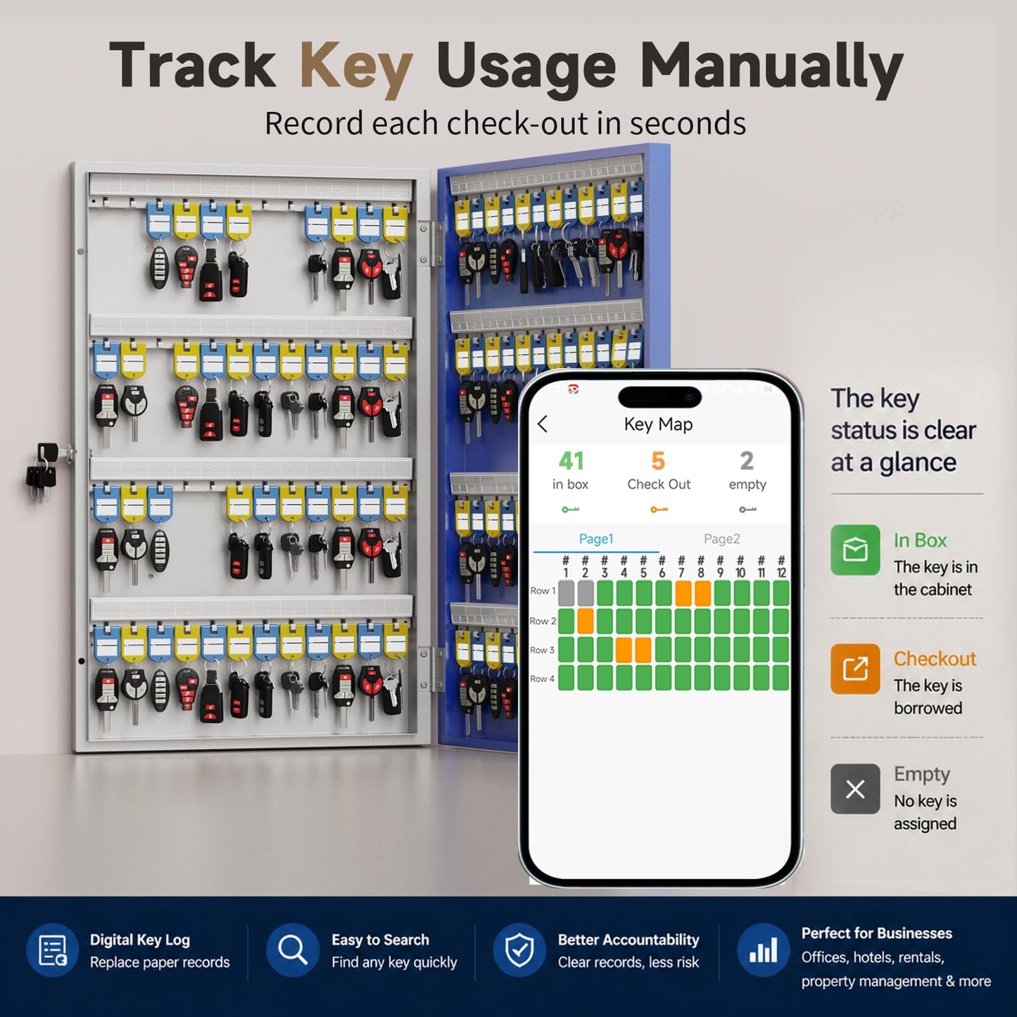 WeHere 96-Key Smart Key Lock Box, Wall-Mount Key Cabinet with Key Management App(Track Key Borrow/Return), Keypad, Bluetooth & WiFi Unlock (Sold Separately) for Commercial, School, Rental, Office