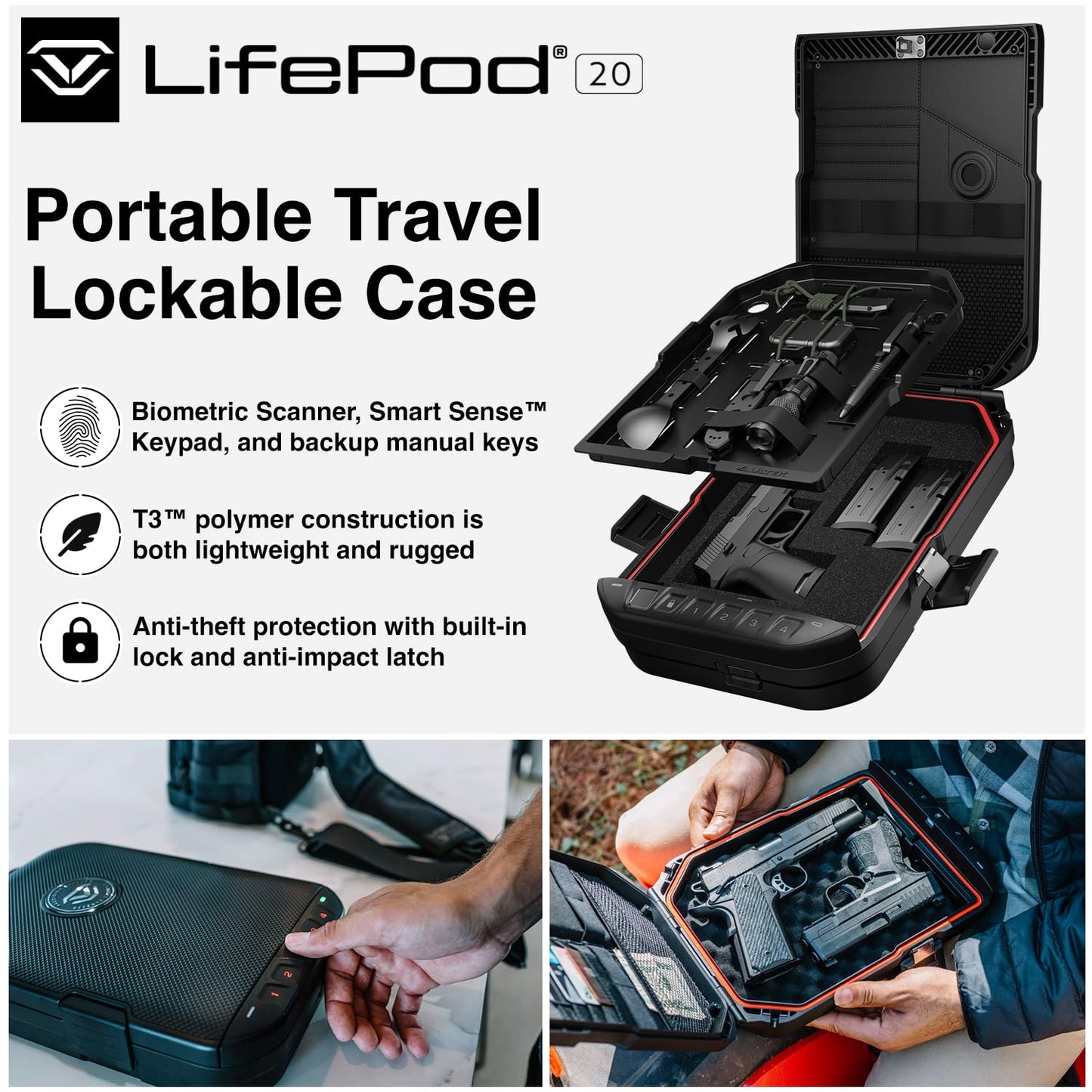 VAULTEK LifePod 20 Full-Size Biometric Lockable Weatherproof Case with Built-in Lock, Steel Security Cable, & TSA Handgun Case or Car Safe, Portable Travel Pistol Safe/Covert Black/Biometric