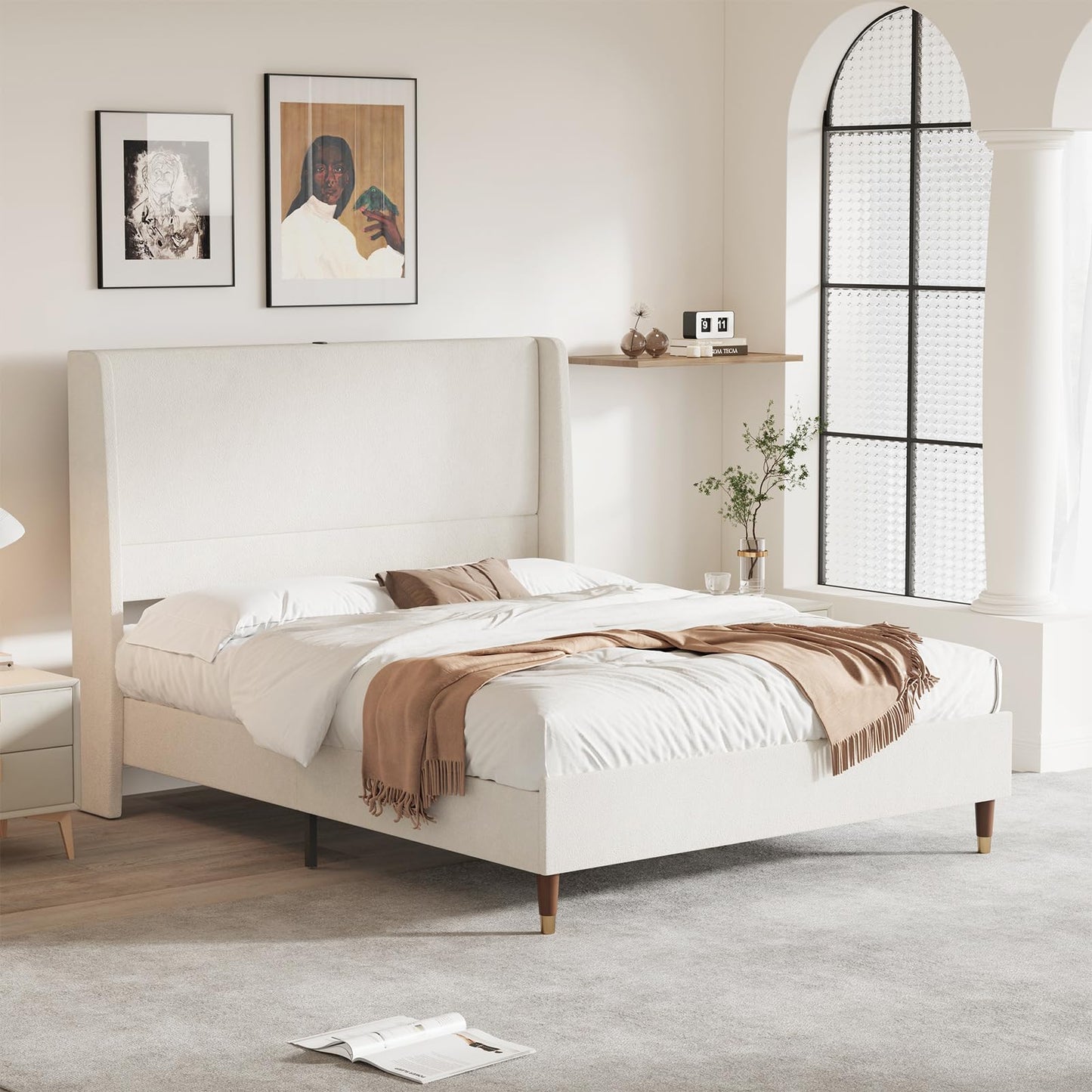 MALOL Queen Size Bed Frame with Upholstered Headboard, Linen Fabric Platform Bed Frame with USB Charging Ports, No Box Spring Needed, Sturdy Metal Support, Noise Free, Modern Bedroom Furniture,Beige
