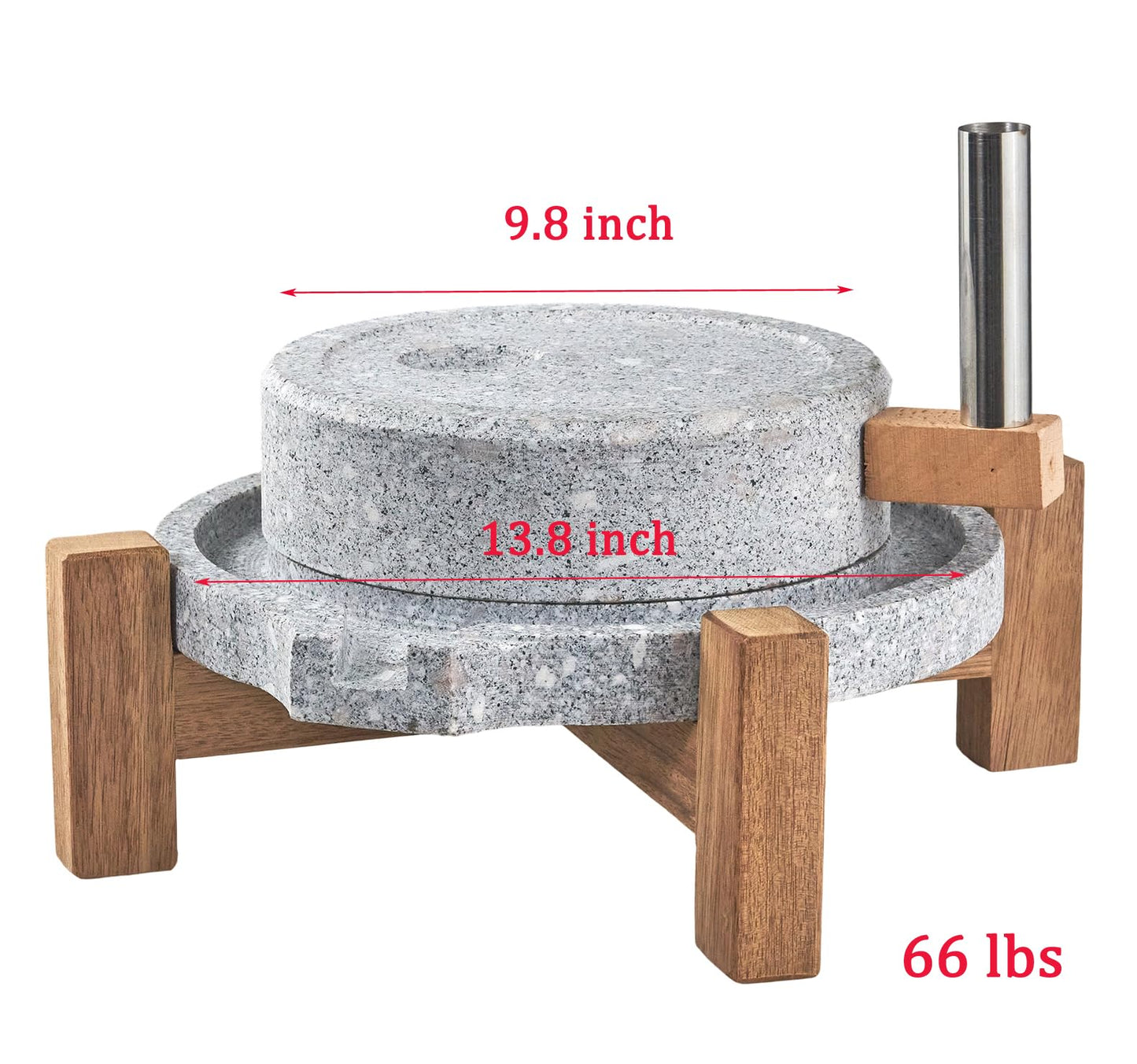 Stone Grain Mill - Manual Flour Mill with Stable Wood Base, Natural Granite Stone Grinder Mill for Dry & Wet Use, Home Kitchen Tool (9.8 x 13.8 inch)