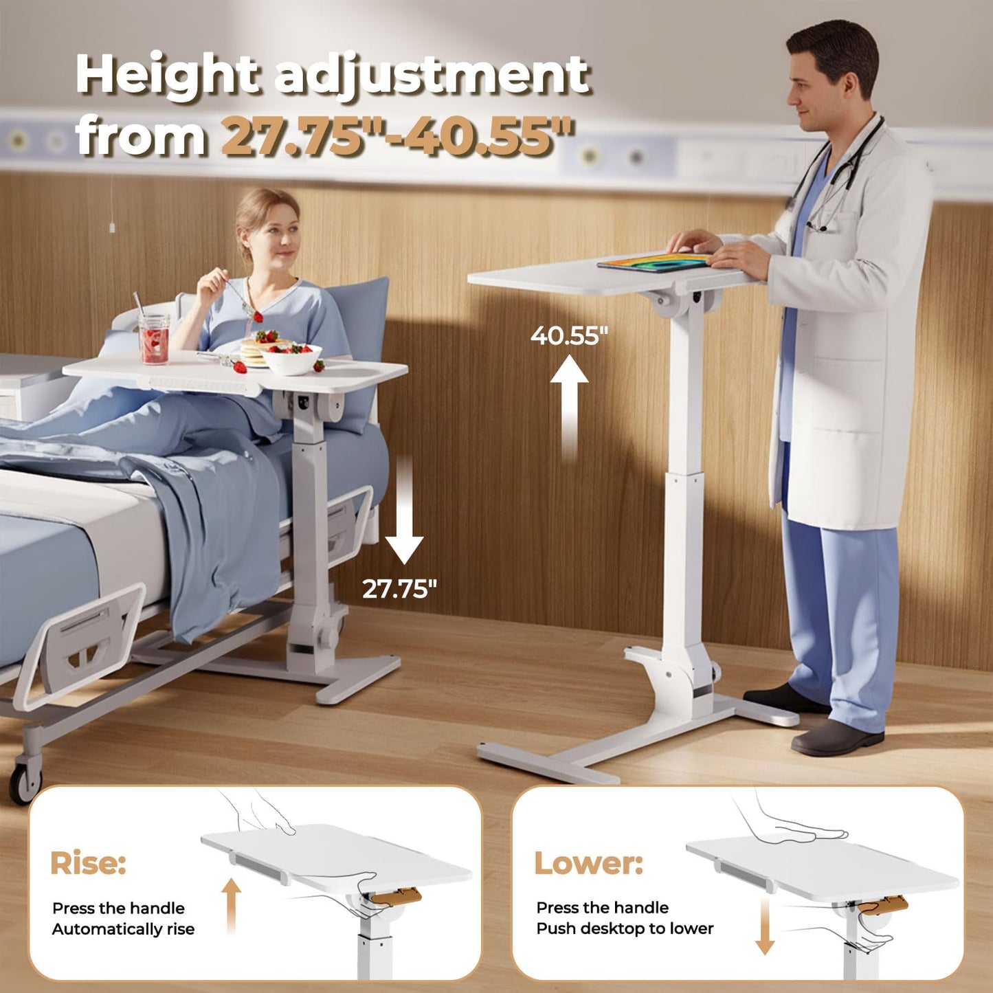 JOY worker Foldable Overbed Bedside Table, 180° Tiltable Mobile Standing Desk with Wheels, 31.5" Pneumatic Height Adjustable Rolling Laptop Desk for Home & Hospital Use, Easy Storage, White