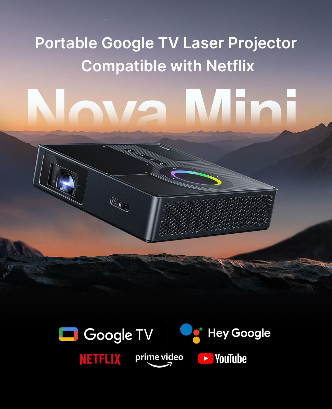 NexiGo Nova Mini, Portable Laser Projector, Google TV w/Netflix, 1080p FHD, 1200 Lumens, 15000:1 Contrast w/SAE, 3D, Auto Setup, 150" Display, 8W Dolby Audio, Portable for Home & Outdoor
