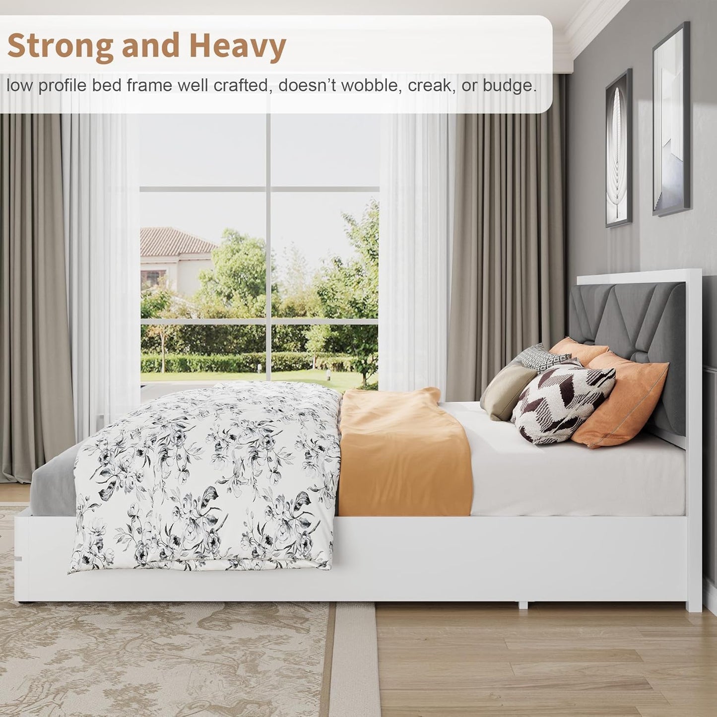 Garvee Full Size Upholstered Bed Frame, Tufted Design Soft Headboard, Wooden Slat Support, Mattress Foundation No Box Spring Needed, Stable & Quiet Full Bed Frame for Bedroom, Easy Assembly, White