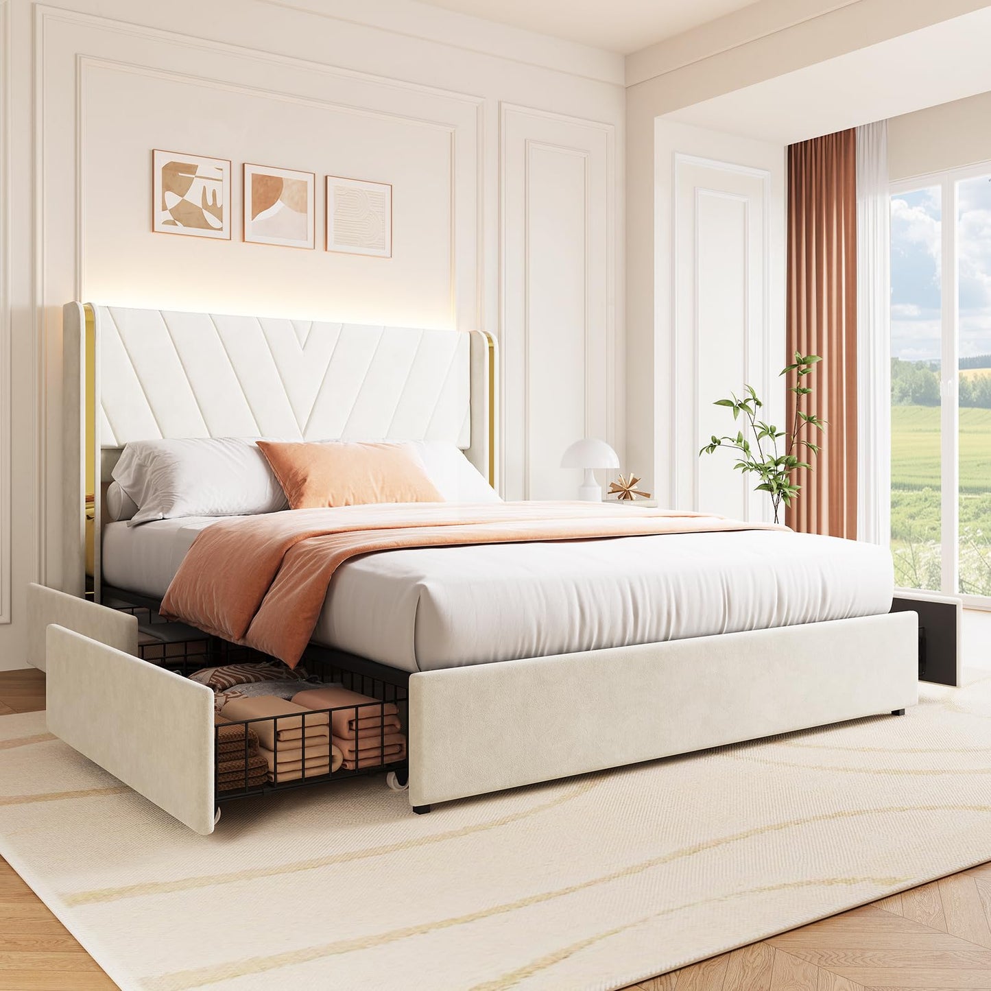 Full Upholstered LED Bed Frame with 4 Storage Drawers, Full Size Bed Frame with RGB LED Lights, Velvet Platform Bed Frame with Wingback Headboard, No Box Spring Needed, Noise Free, Easy Assembly
