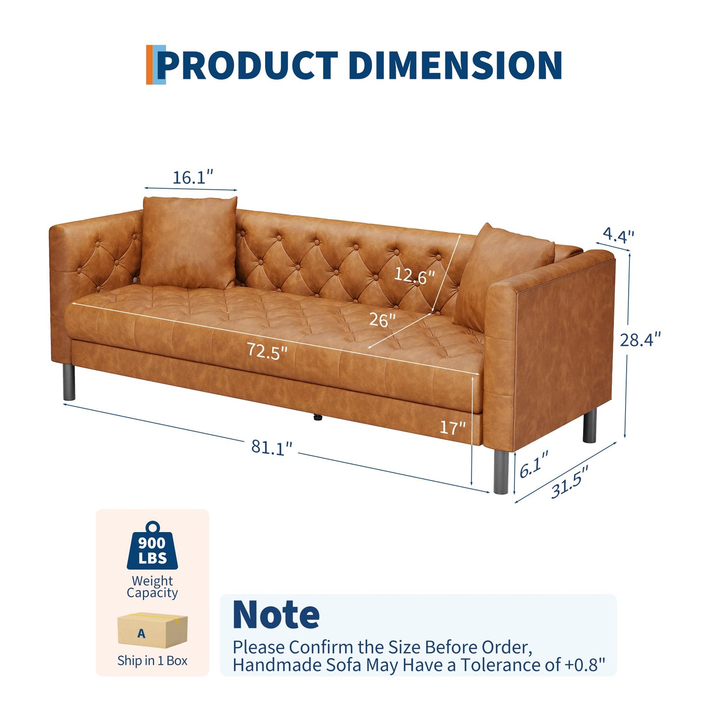 Garvee 81 Inch Leather Couch for Living Room, Modern Leather Sofa with Deep Seat, Handmade Button Tufted Sofa, Chesterfield 3 Seat Couch for Apartment, Office, Cognac Tan