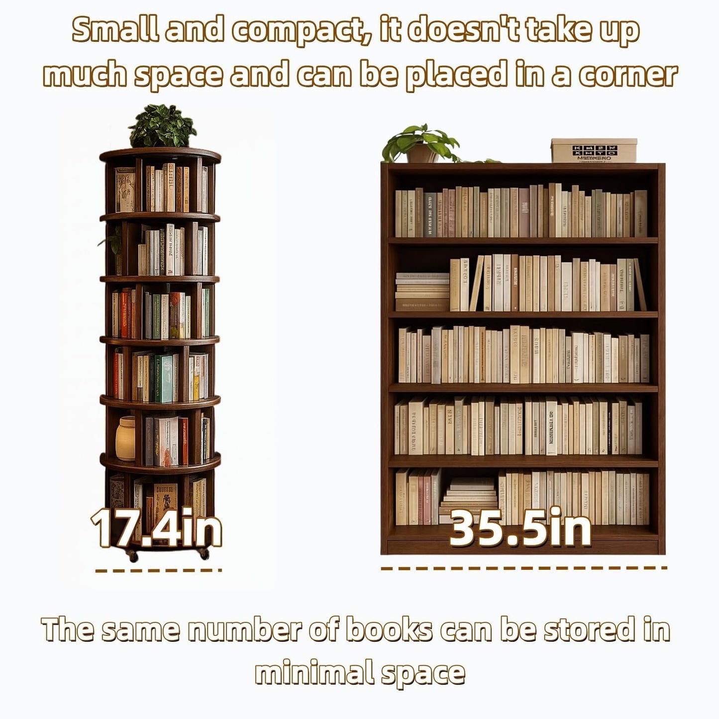 SALUISH Solid Wood Rotating Round Bookshelf Towers with Wheels, Revolving Bookcase 6 Tier 360° Wooden Rotating Book Tower, Narrow Rolling Vertical Display Storage Rack (Walnut, 6 Tier, 78.1" H)