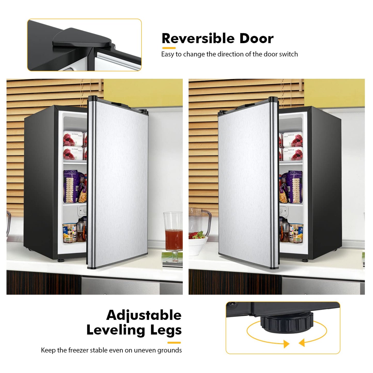 COSTWAY Compact Single Door Upright Freezer - Mini Size with Stainless Steel Door - 3.0 CU FT Capacity - Adjustable