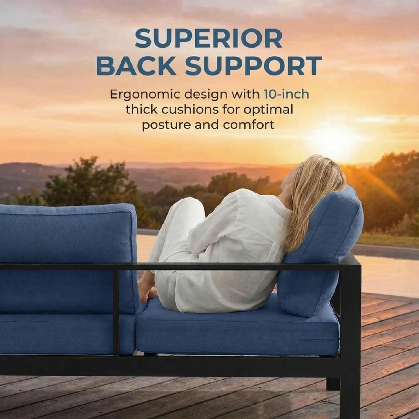 Solaste Aluminum Patio Furniture Set for All Weather, Modern Metal Outdoor Furniture Set with 27.5" Deep Seating and 3.2" Wide Armrest, Outdoor Patio Conversation Set with 10" Back Cushion, Blue