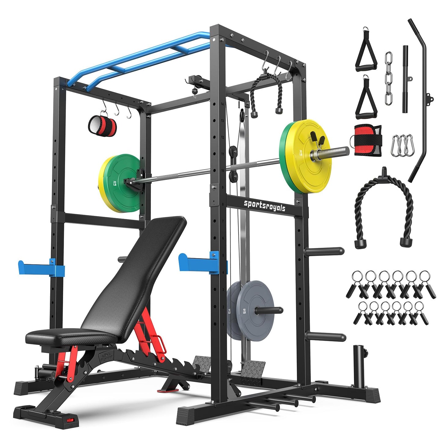 Sportsroyals Squat Rack, LAT Power Cage, Power Rack Multi-Function with Pulley System and Training Attachments for Home Gym