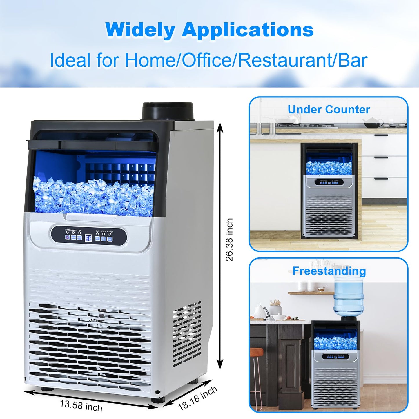 Amzgachfktch Commercial Ice Maker, 100lbs/24H Under Counter/Freestanding Ice Maker with 22 Lbs Storage, 2 Water Inlet Modes, Auto Self Cleaning Ice Machine for Home/Bar/Office/Shop