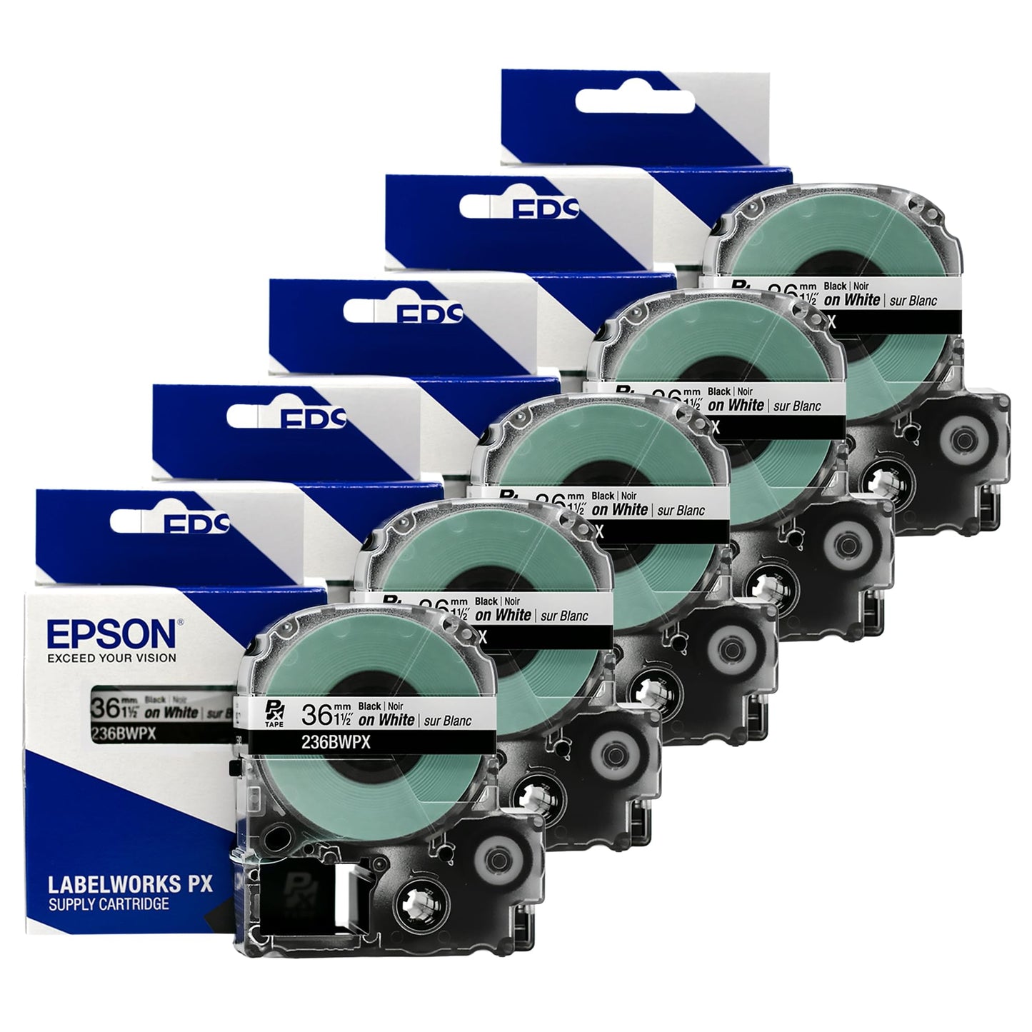 Epson LABELWORKS 236BWPX-5PK Genuine PET (Polyester) Tape Cartridge - Black on White Industrial Label Maker Tape - 1.5" (36MM) Wide, 30-5 Pack