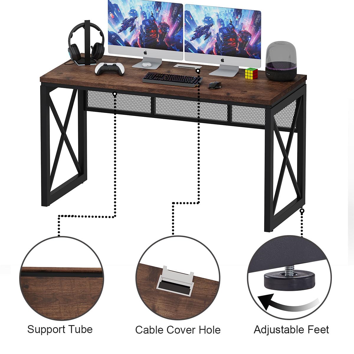 BON AUGURE Farmhouse Computer Desk, Modern Industrial Home Office Desks, Wood Metal Study Writing Table, Sturdy Gaming Desk (Rustic Oak, 54 Inch)