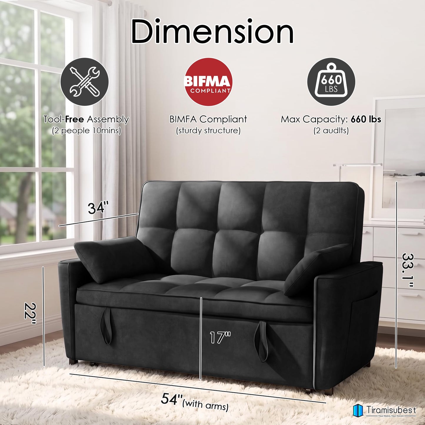tiramisubest 54'' Sleeper Sofa Bed, Convertible Pull Out Couch Futon for for Living Room,Apartment (Black, Loveseat) Side Pockets, Velvet Fabric, Adjustable Backrest, Pull-Out Bed, Easy Assembly