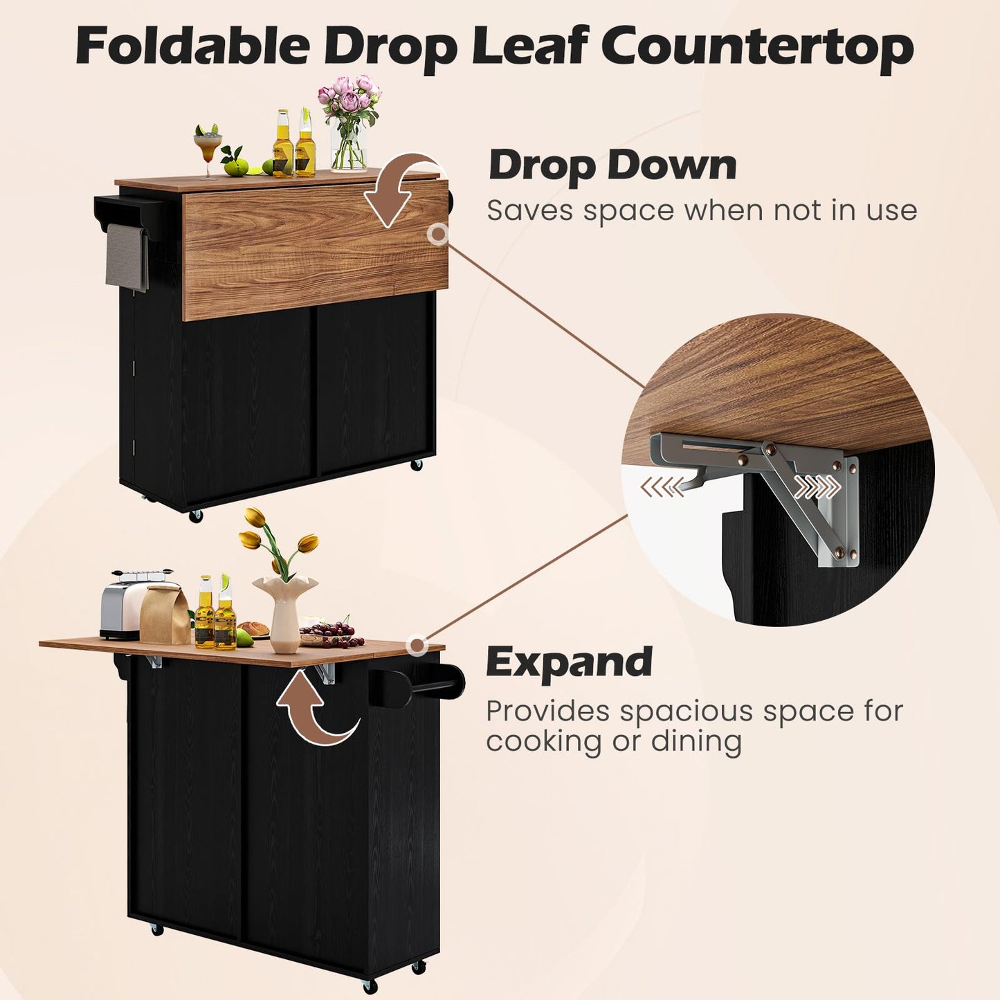 Giantex Kitchen Island Cart with Hidden Tilt Out Trash Can Cabinet, Drop Leaf, 2 Drawers, Towel Rack, Rolling Mobile Breakfast Bar Table, Wood Kitchen Storage Cart on Wheels (Black & Natural)