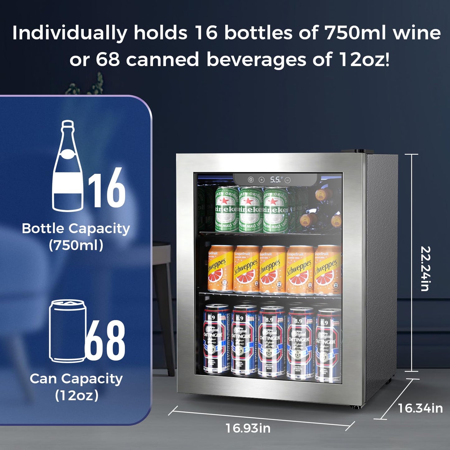 Electactic 68 Cans Beverage Refrigerator Cooler,1.7 cu.ft Mini Fridge with Seamless Stainless Steel & Glass Door for Beer, Soda,Wine, Digital Temperature Control for Home Office Bar