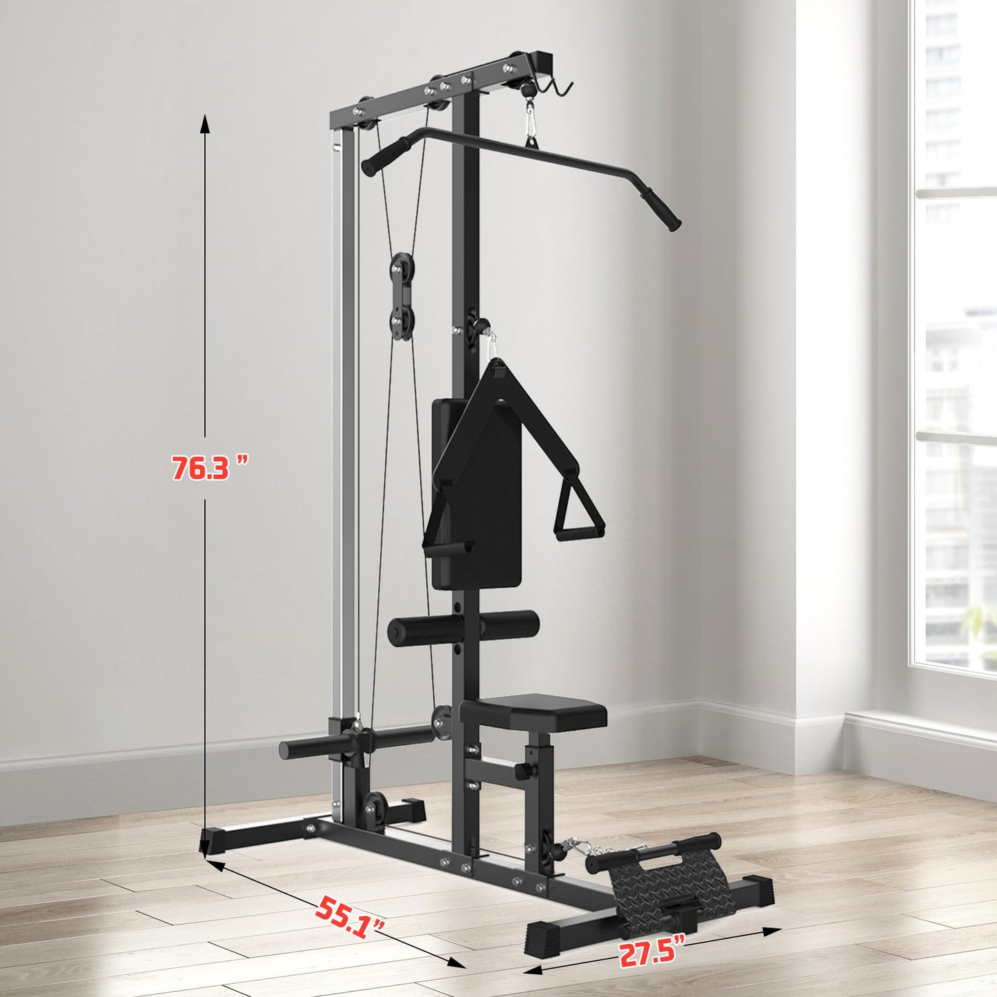LAT Pull Down Machine for Home Gym, Cable Machine with High and Low Pulley Station, Multi-Functional LAT Pulldown Cable Machine with Leg Support, Tricep Workout Equipment