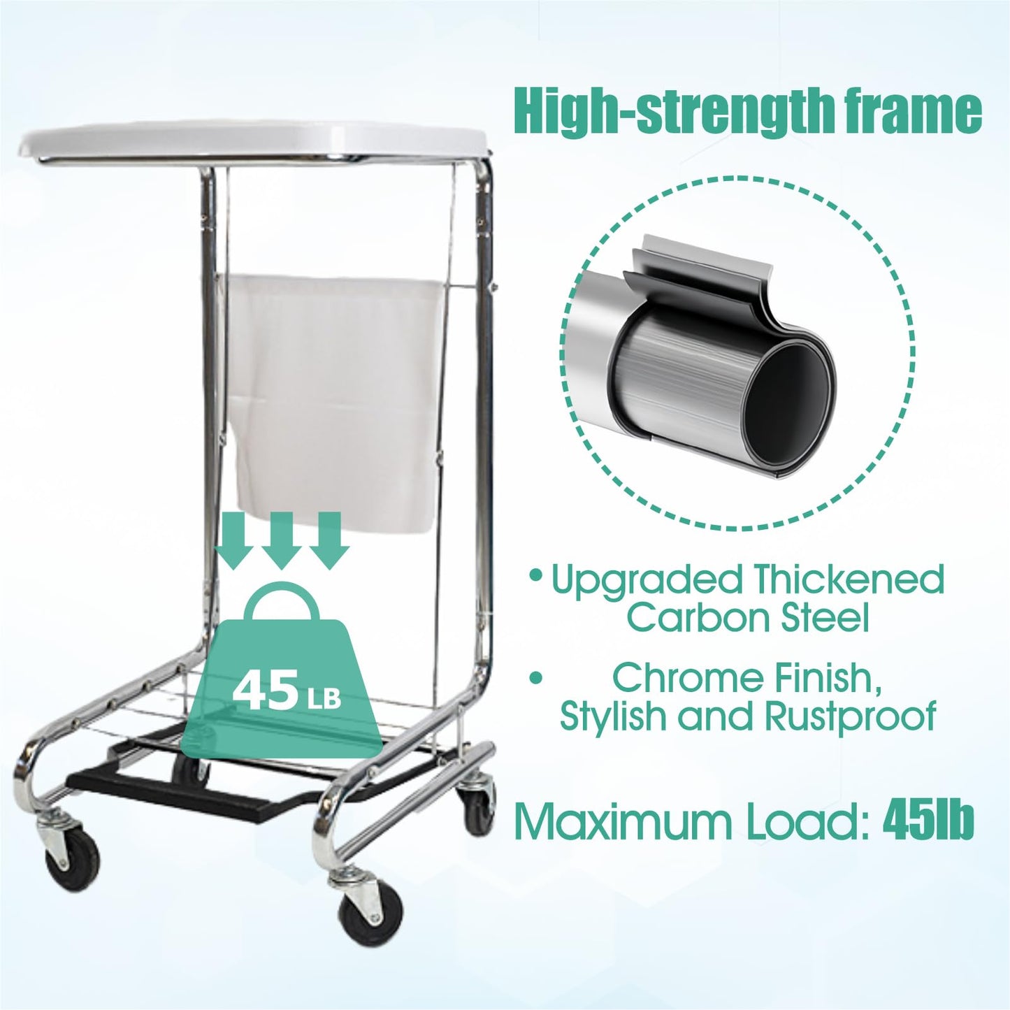 Nurse Laundry Cart – Stainless Steel Frame Utility Cart Without Bag, Rolling Hamper for Clinics, Nursing Homes, and Workplaces (Silvery Car)