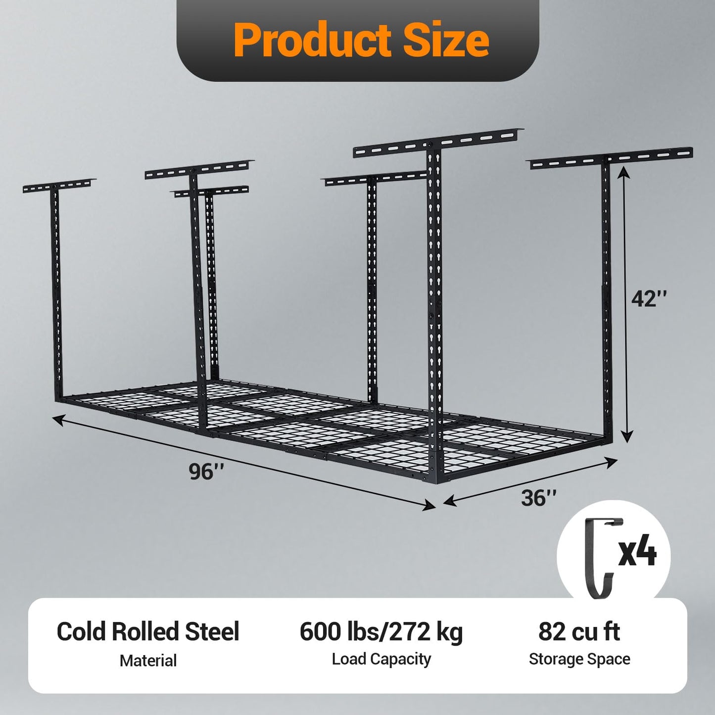 GarveeLife 3x8 ft Heavy Duty Overhead Garage Storage Rack, Adjustable Ceiling Storage Racks with 600 LBS Weight Capacity, Metal Garage Storage Organization Systerm, Black