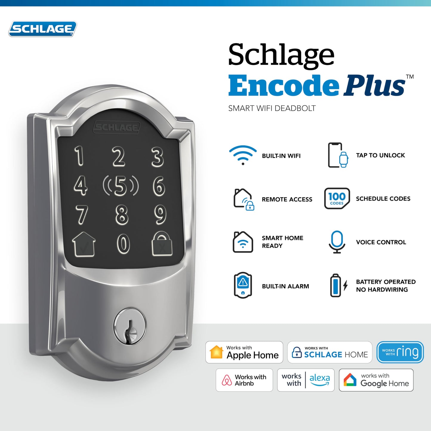Schlage Encode Plus Smart Wi-Fi Lock for Front Door, Keyless Entry Deadbolt, Unlock with Apple Watch, Built-in WiFi and App Control, Easy Install, Alexa & Apple HomeKit Compatible, Bright Chrome
