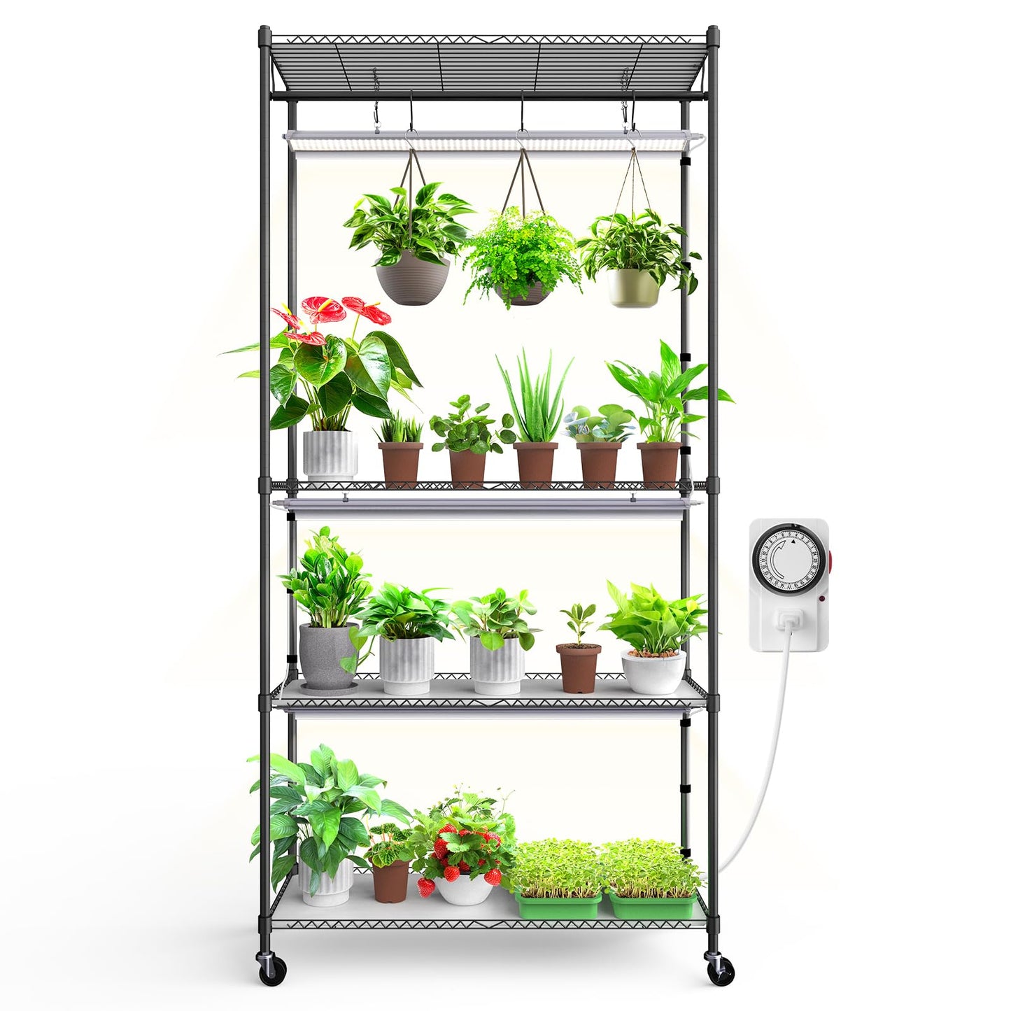 Barrina CX3 Plant Stand with Grow Light, 4-Tier, 3FT 5000K, 108W Full Spectrum Indoor DIY Plant Shelf with Lights, Flower Pot Display Rack, Greenhouse, Wheel, Mechanical Timer, 35.4"x13.8"x70.9"