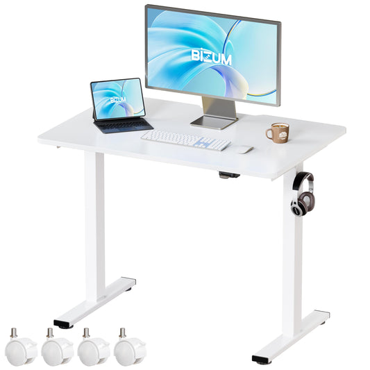 BIZUM 35.4" Small Electric Standing Desk Height Adjustable, Whole Piece Stand Up Computer Desk Work Study Writing Gaming Desks for Home Office White