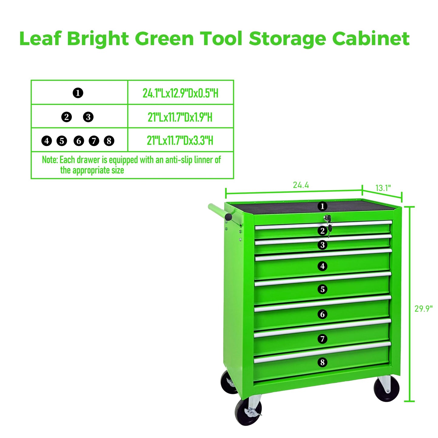 KEIKI Rolling Metal Tool Box with 7 Drawers, Tool Chest with Wheels, Multifunctional Tool Cart Mechanic Tool Storage Cabinet for Garage, Warehouse, Workshop, Repair Shop, Green