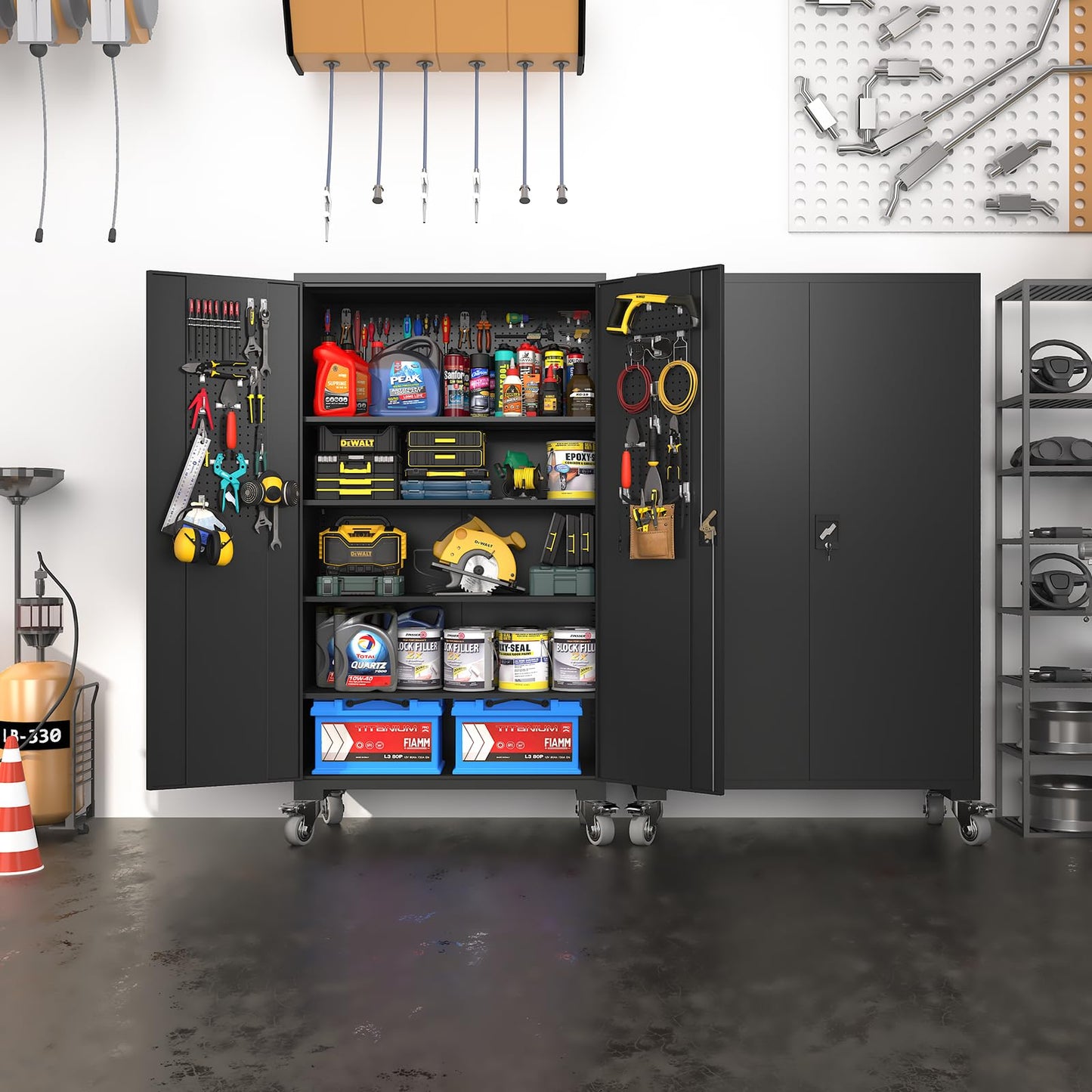 ANTISTA Large Metal Cabinet Two Lockable Doors Four Wheels,Four Adjustable dividers can be Used as Tool File Storage Suitable for garages Schools Gyms Offices