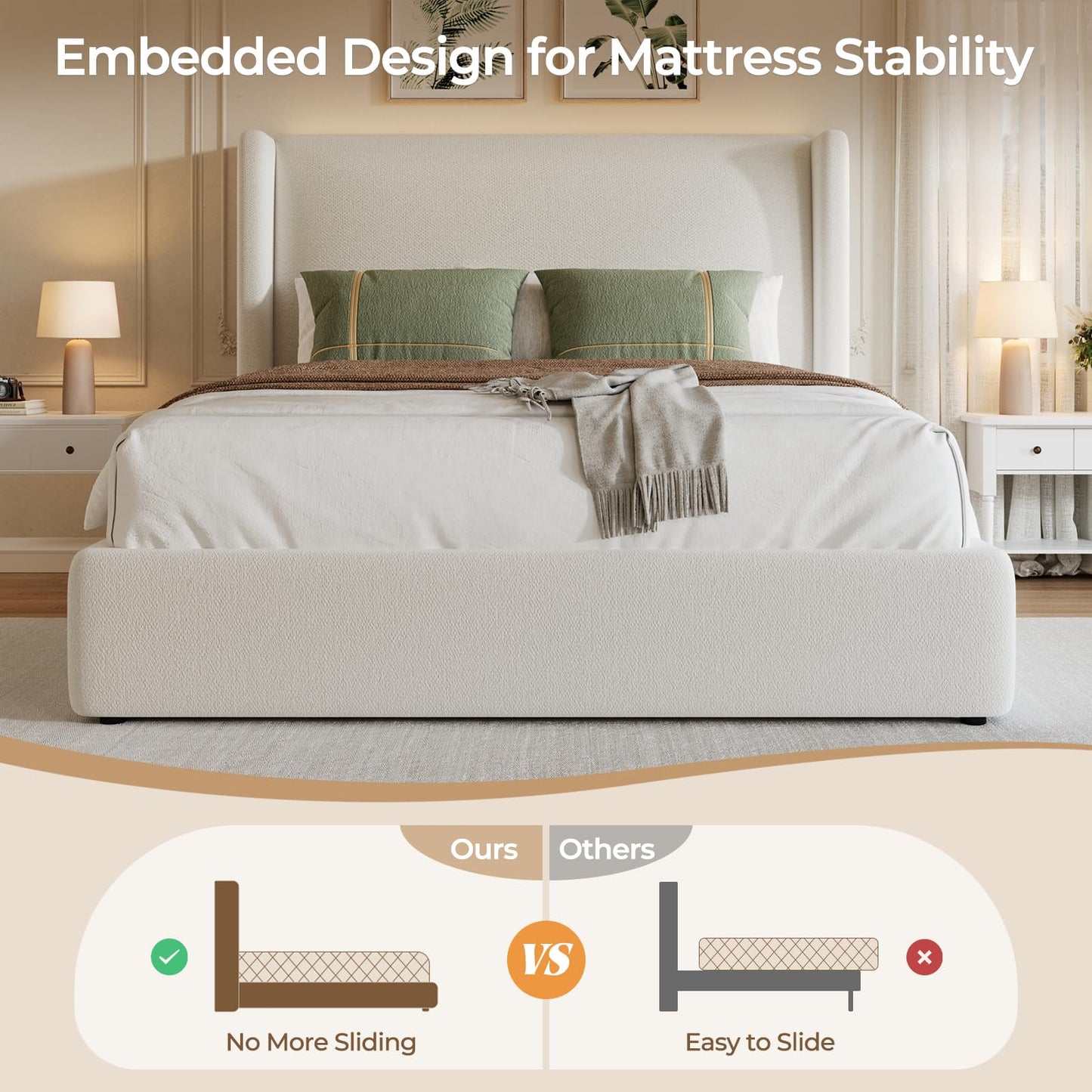 Hizyrina Queen Size Upholstered Bed Frame with 47" Wingback Headboard & LED Lights, Chenille Platform Bedframe with Wooden Slat Support, Non-Slip/Noise-Free/No Box Spring Needed/Easy Assembly, White