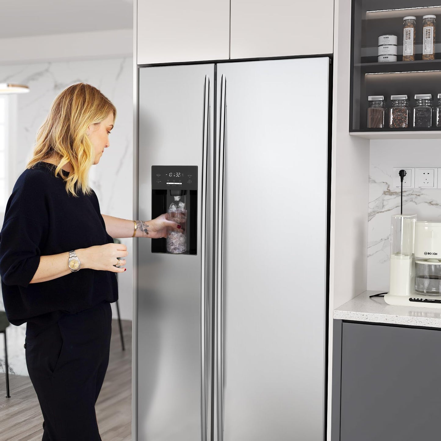 COWSAR 20 cu. ft. French Door Large Refrigerator – Stainless Steel, Built-in Water Dispenser & Ice Maker for Home Kitchen