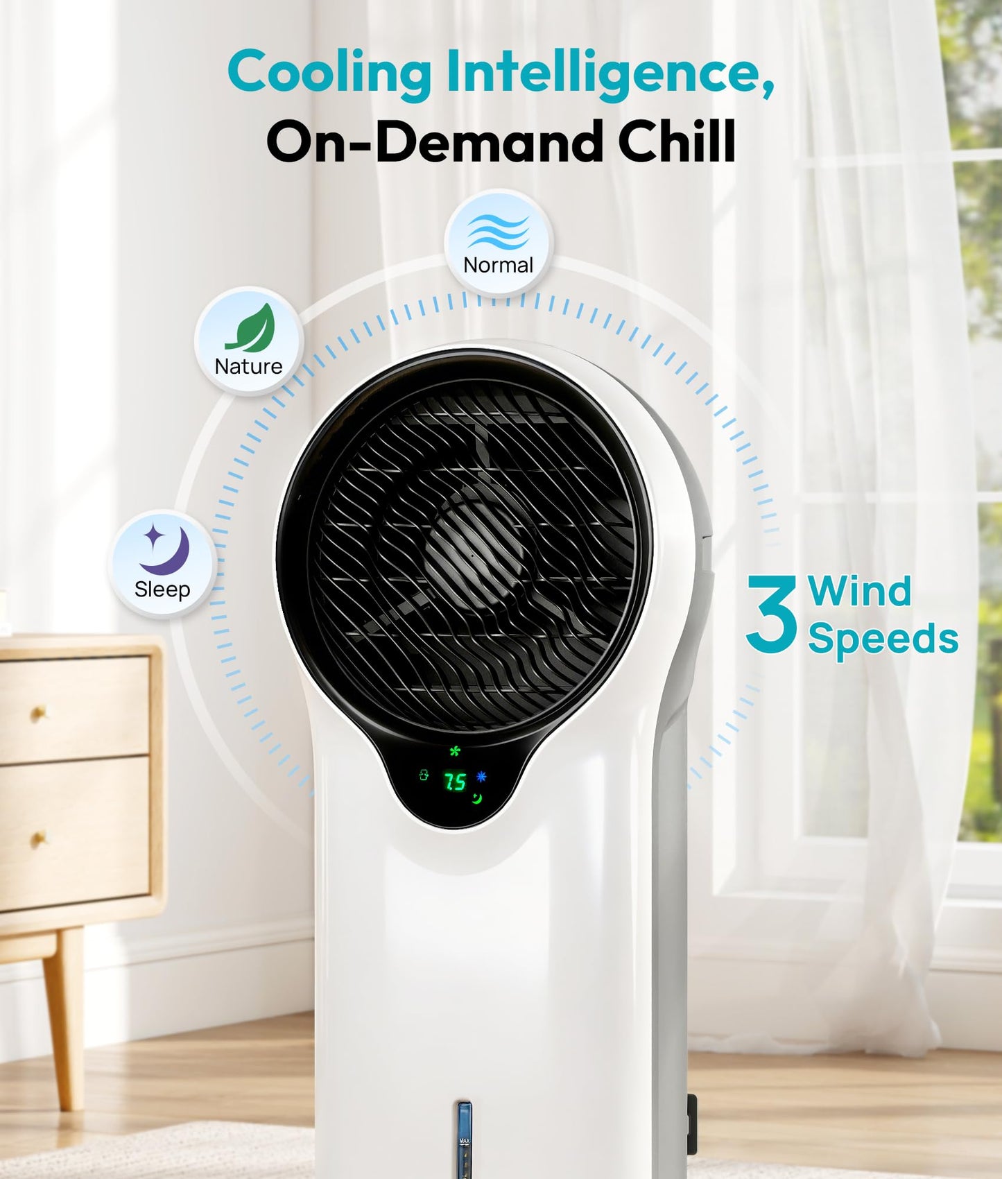 Rellytech 3-in-1 Evaporative Air Cooler, 35’’ Protable Swamp Cooler Indoor with 3 Modes&3 Speeds, 5.5L Water Tank Cold Air Cooler, Air Cooler for Room, Office with Oscillation, 2 Ice Packs