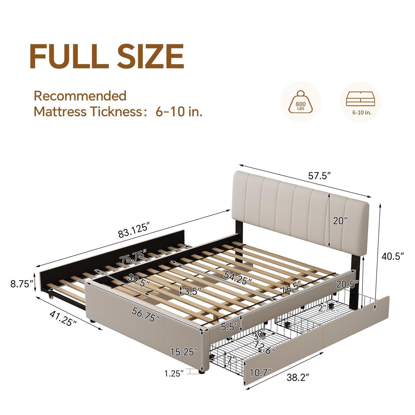 FAVSH Full Size Upholstered Platform Bed w/Trundle Bed & 2 Storage Drawers
