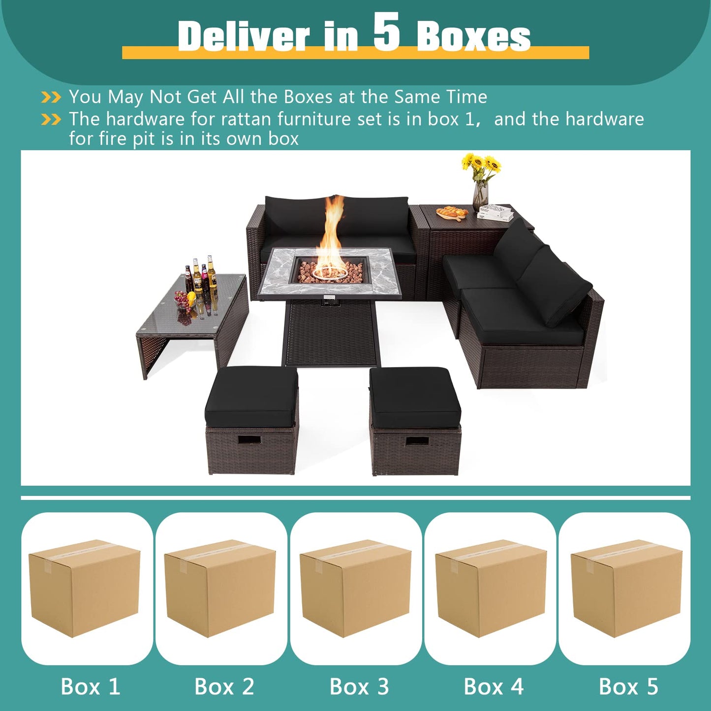 Tangkula 9 Pieces Outdoor Patio Furniture Set with 35-Inch Propane Fire Pit Table, Outdoor PE Wicker Sectional Sofa Set with Storage Box and Cushions, 50,000 BTU Gas Fire Pit Table (Black)