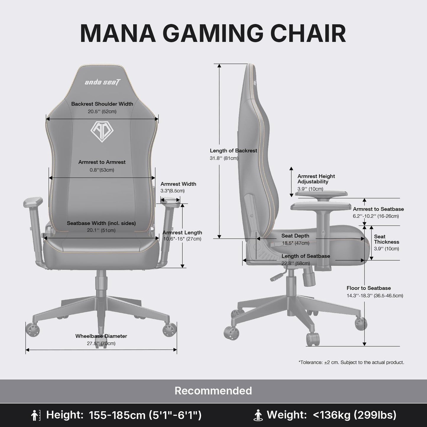Anda Seat MANA Gaming Chair for Adults - Ergonomic Black Leather Game Chairs with Adjustable Armrest, Comfortable Office Chair with Lumbar Support, Heavy Duty Wide Computer Seat for Home & Work