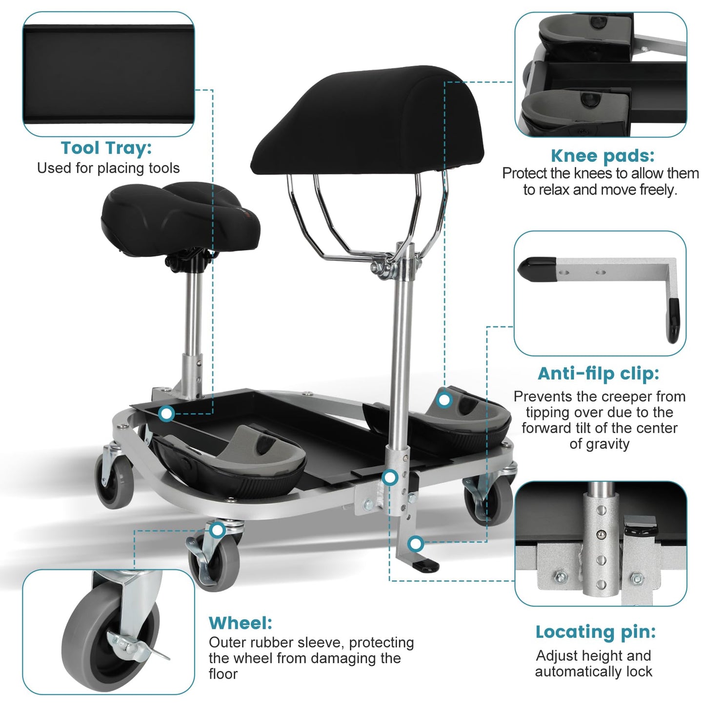 Kneeling/Sitting Creeper With Chest Support And Rolling Knee Pads, Featuring 3" Casters And Brake,300-Pound Capacity,Equipped With A Tool Tray For Tiles, Parquet, Cleaning Or Other Floor Work