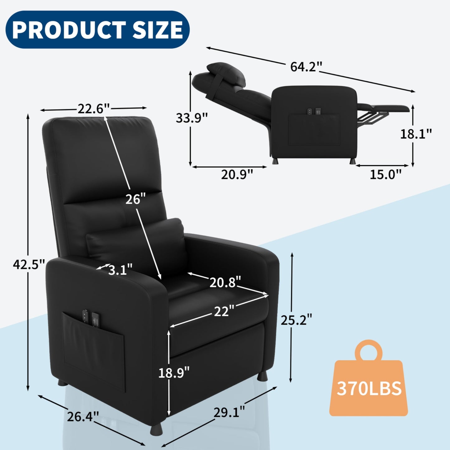 GarveeHome Power Recliner Chair with Massage and Heat, Adjustable Electric Recliner Ergonomic Overstuffed PU Leather Single Sofa, 2 Side Pockets and USB Port, Home Theater Seating for Living Room