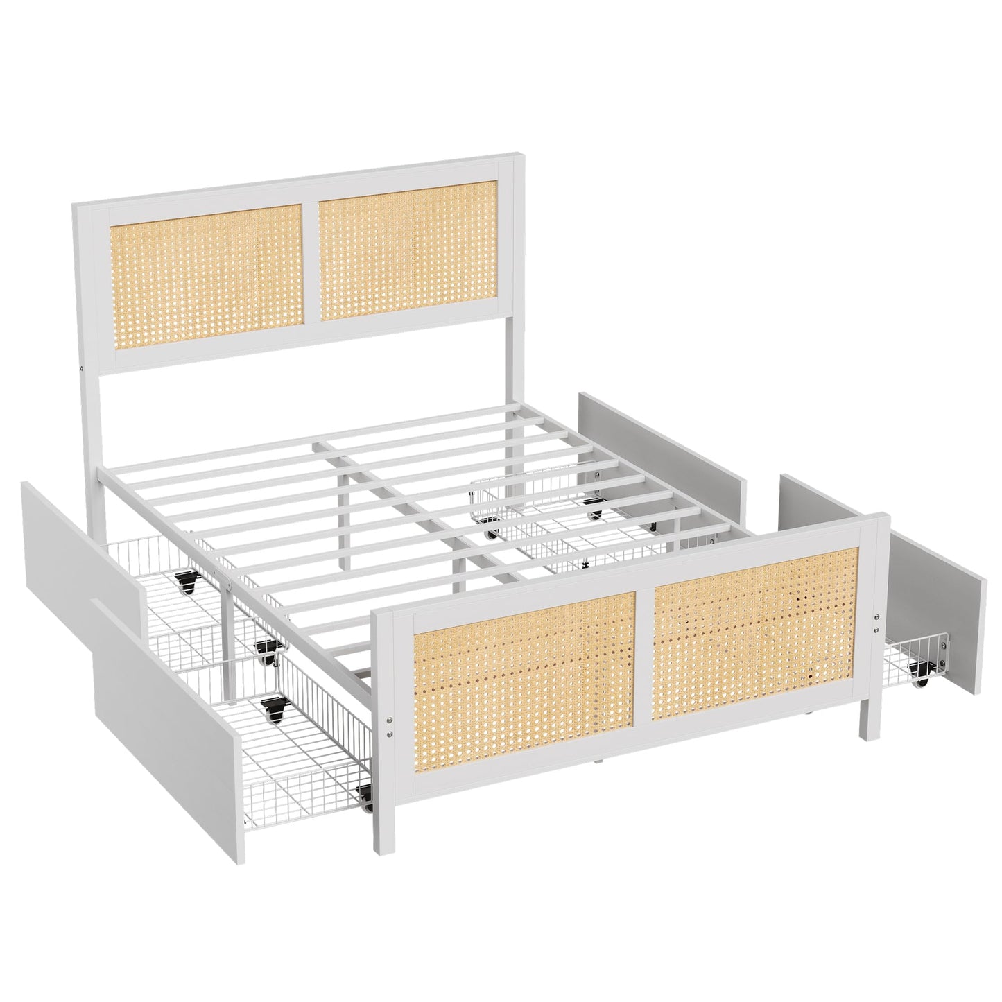 Garvee Rattan Full Bed Frame with LED Headboard (7 Colors), Boho Cane Platform Bed with 4 Large Drawers, Strong Metal Slats Support, Noise Free, No Box Spring Needed, Easy Assembly, White