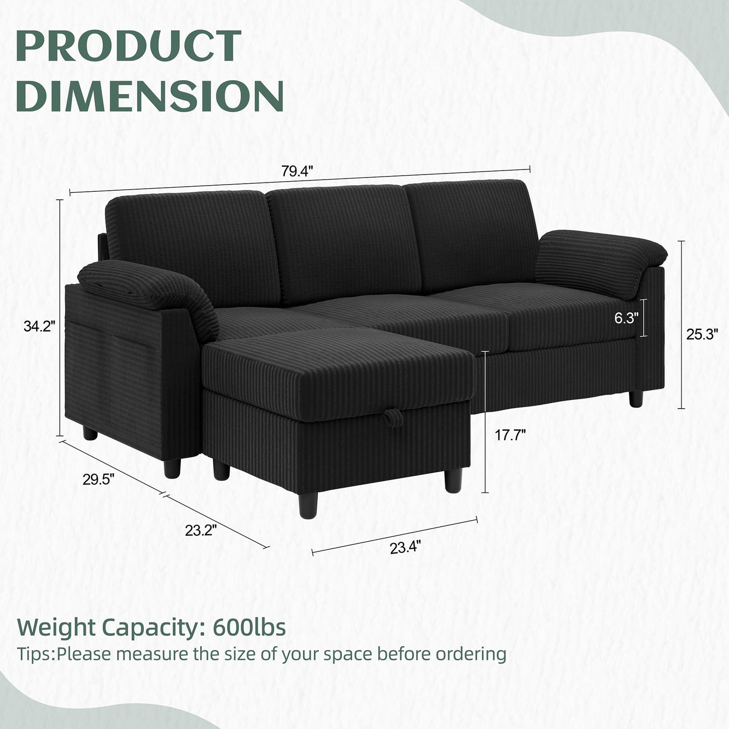 Vongrasig Convertible Sectional Couches, 3 Seat L Shaped Couch Sofa with Removable Pillows Soft Corduroy Fabric Small Couch Mid Century for Living Room, Apartment and Office Black