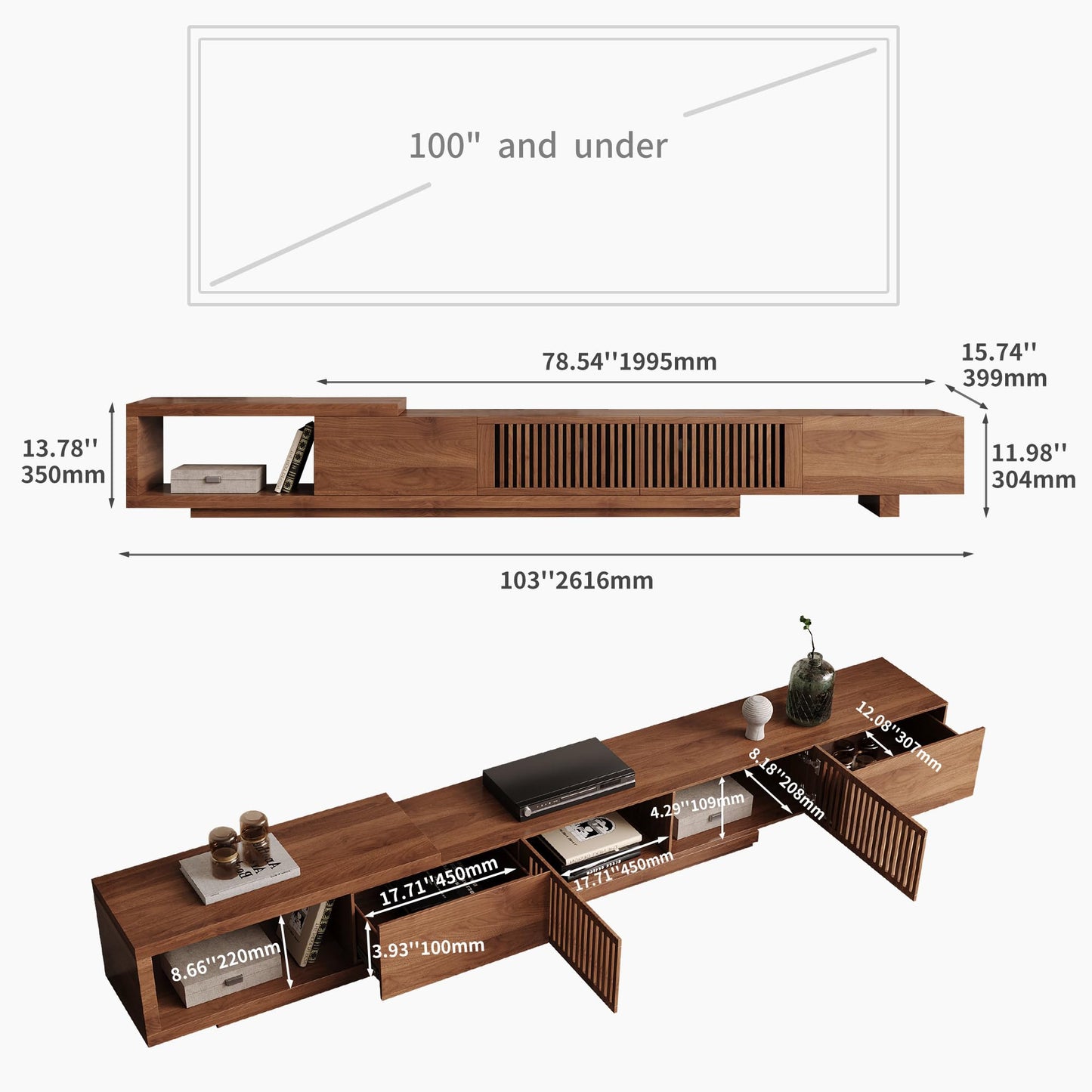 NessCarsti Mid Century Modern TV Stand for 75+ Inch TVs, Extendable Media Console (78"-103") with Ample Storage - Sleek Walnut Entertainment Center for Living Room