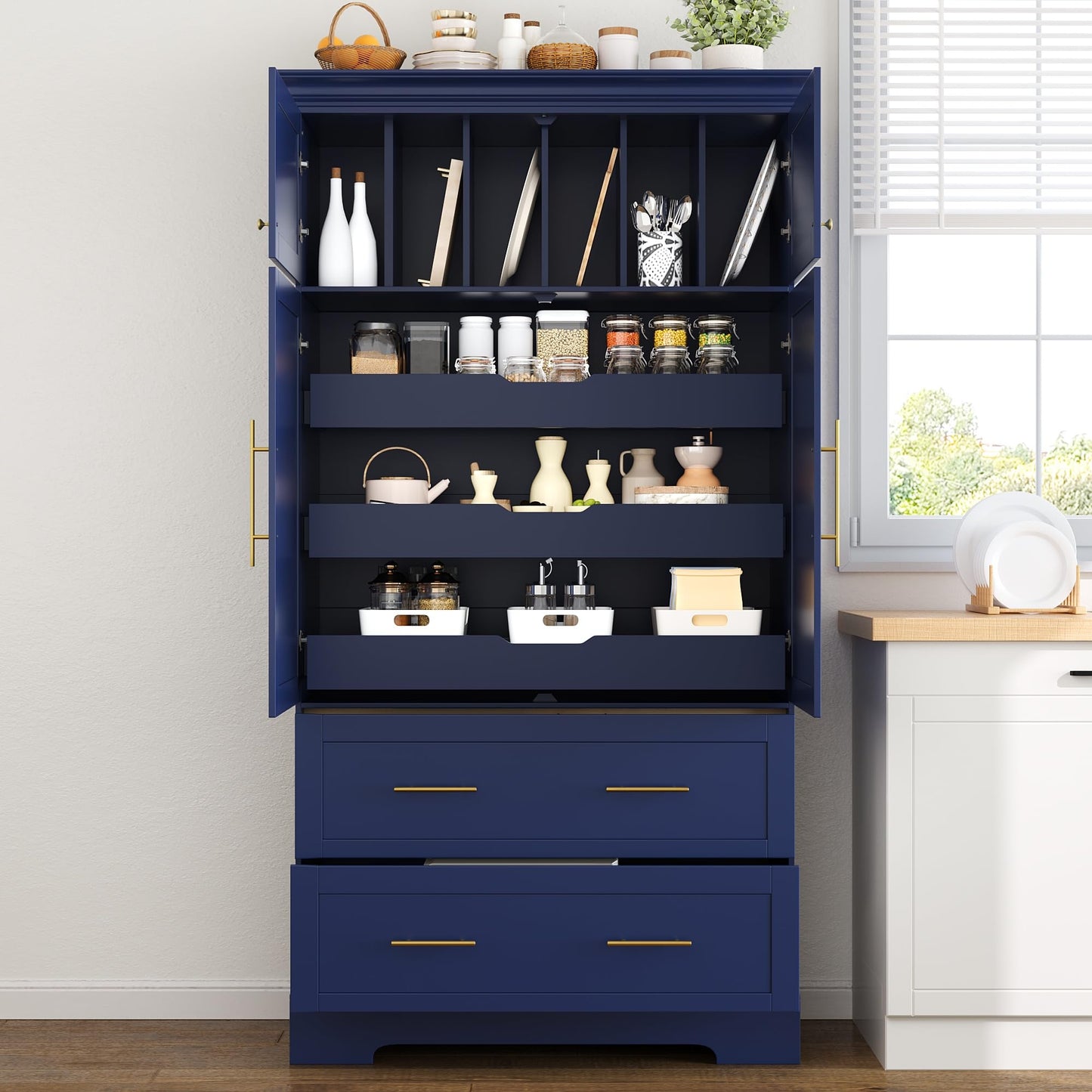Merax 72.6" Farmhouse Kitchen Pantry Cabinet with Pull-Out Trays & Drawers, Freestanding Pantry with Cake Pan Storage, 4-Door Shaker Style Storage Cabinet, 40" L x 18" W, Blue