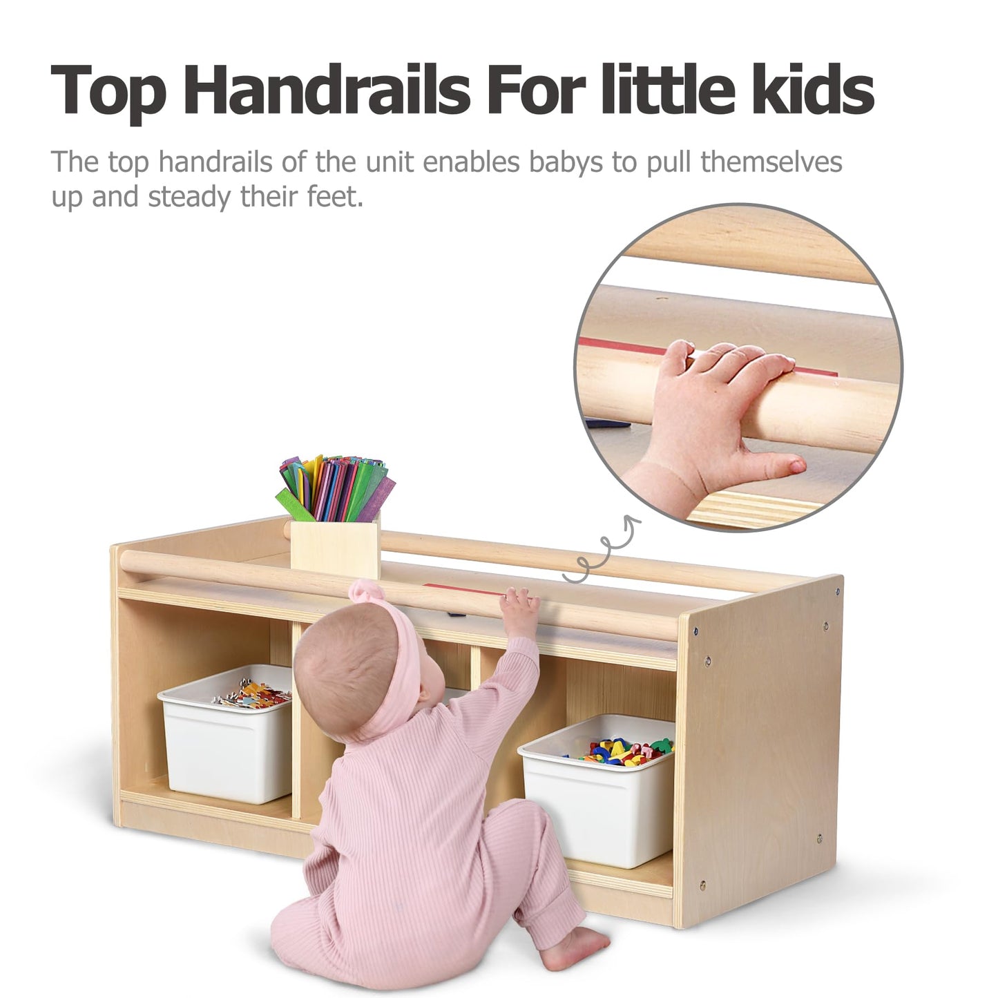Toddler Toy Storage w/ Mirror Back, Baby Preschool and Daycare Cubbies w/ 2 Top Holding Handrail, Little Kids Tummy Time Furniture, Home, Classroom, Montessori Book Browser (1 Tier w/ Mirror Back)