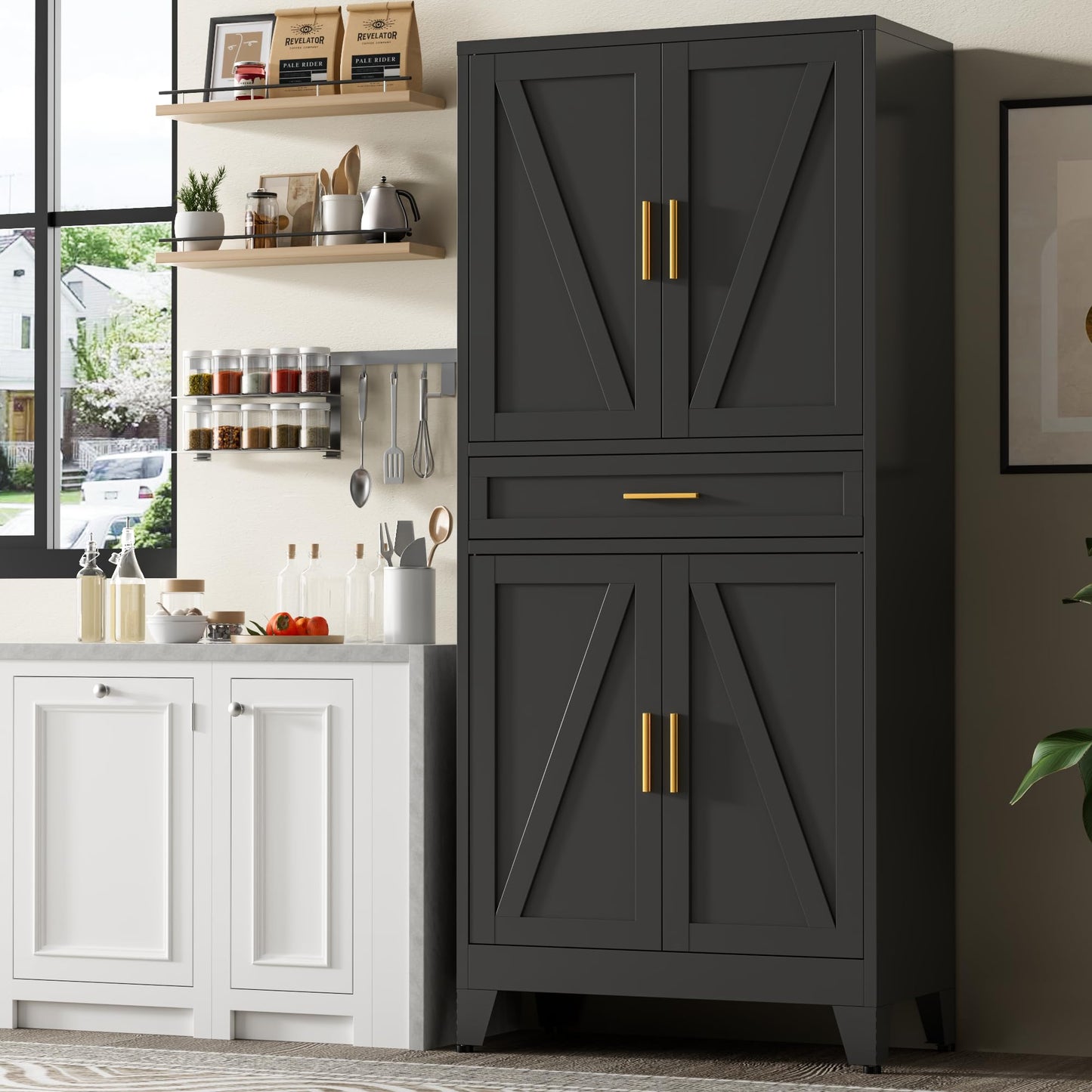 Baborokic 71" Tall Metal Storage Cabinet with Drawer and Adjustable Shelves,Farmhouse Kitchen Pantry Storage Cabinet with Doors,Large Wide Cabinets for Craft Room,Office,Dining Room,Kitchen(Black)