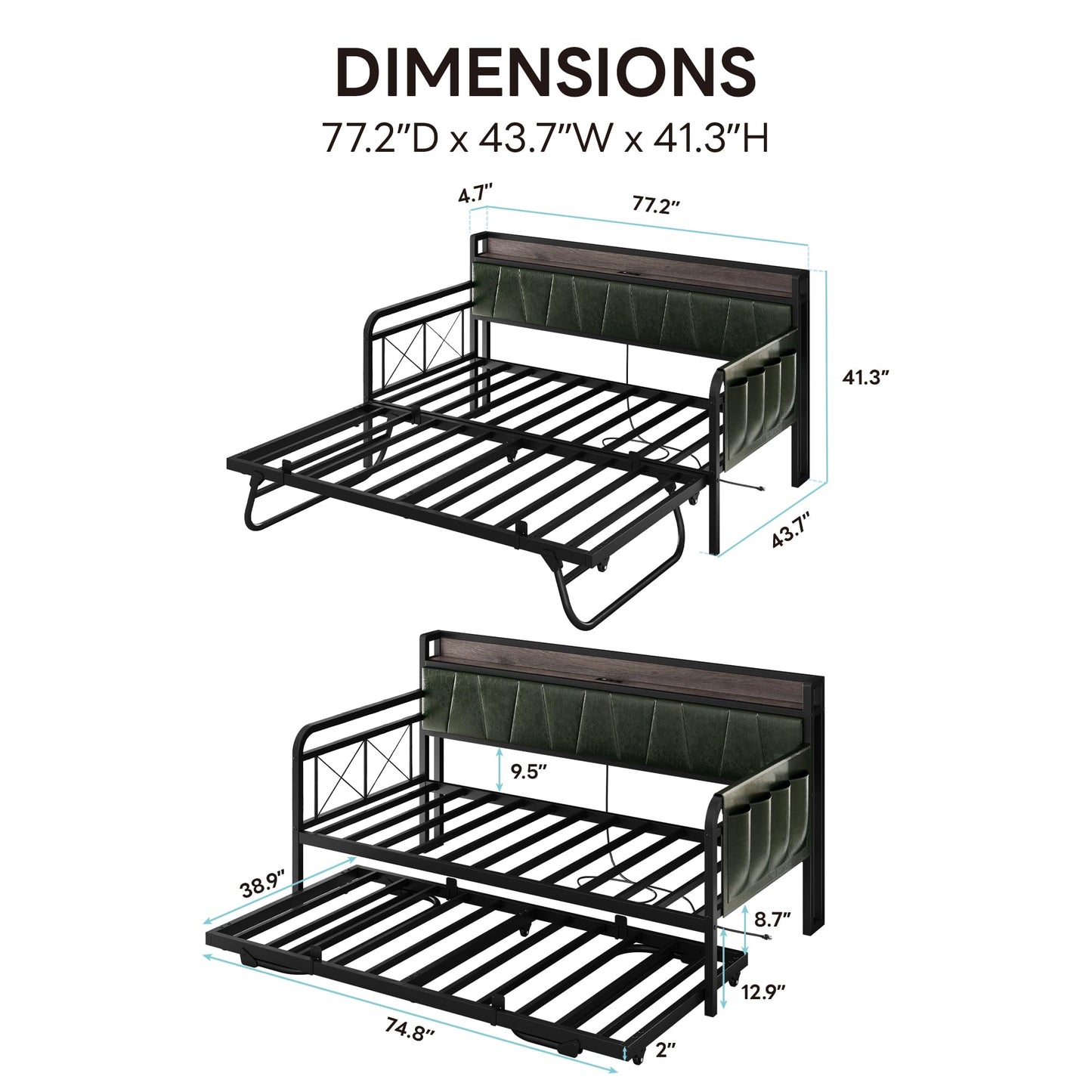 LIKIMIO Twin Daybed, Day Bed with Trundle, Storage Upholstered Headboard and Charging Station, Trundle Bed with Strong Supports for Living Room, Bedroom, and Guest Room, Dark Green