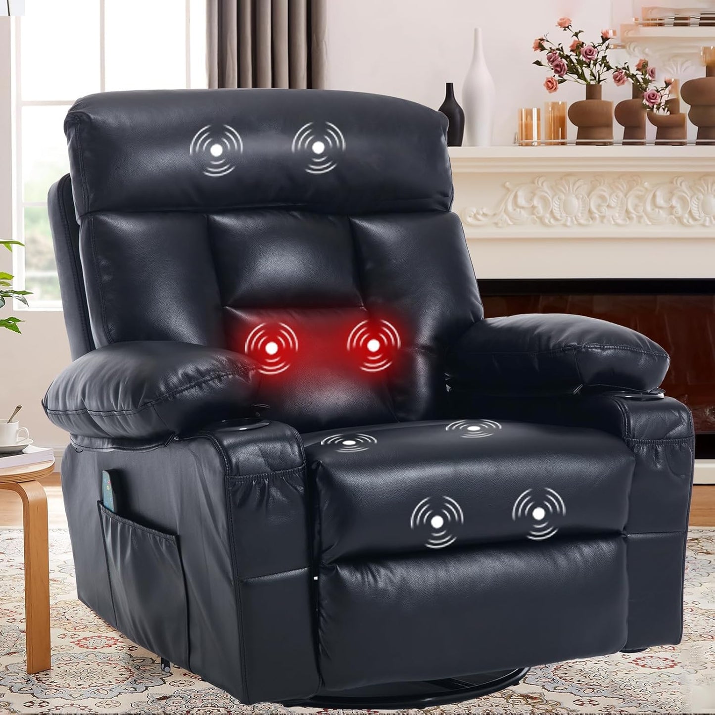 Comermax Rocker Recliner Chair with Heat and Massage, Wide Seat Heated Massaging Reclining Chair, Faux Leather Manual Swivel Rocking Recliners with Cup Holder, Black