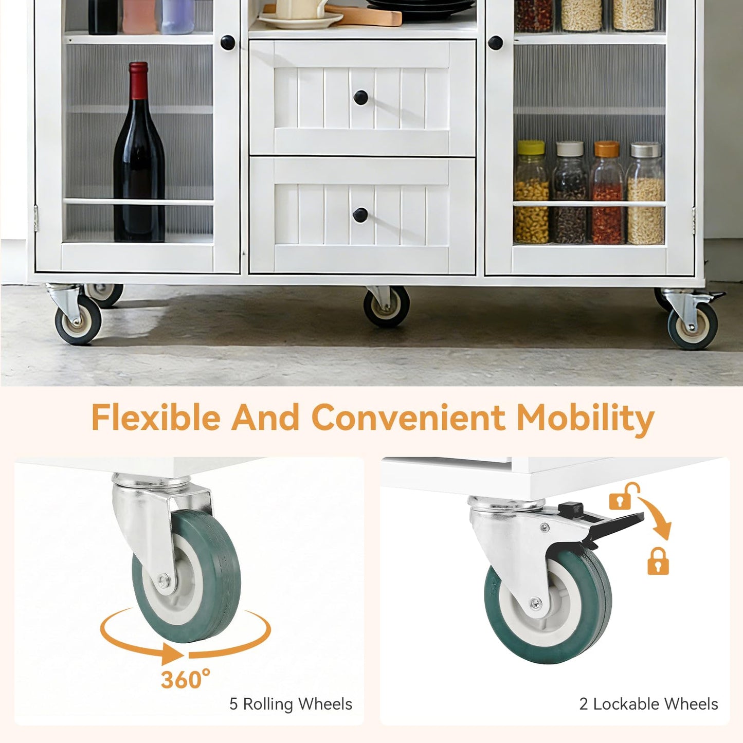 EVLIQUIL Kitchen Island Cart with Storage Cabinet & Drop Leaf, 50.4" Rolling Kitchen Table with Spice Rack & Towel Rack and Drawer, Portable Islands on Wheels, White