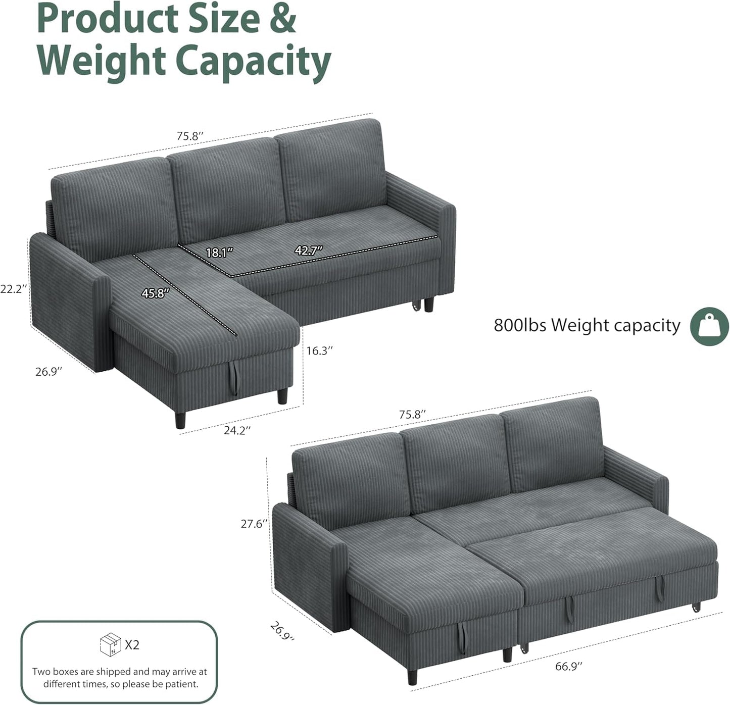 Shintenchi Futon Sofa Bed Convertible Couches L Shaped, 4‑in‑1 Sectional Sleeper Sofa Pull Out Couches for Living Room, Multifunctional Couch with Storage Chaise Corduroy Fabric, Dark Gray