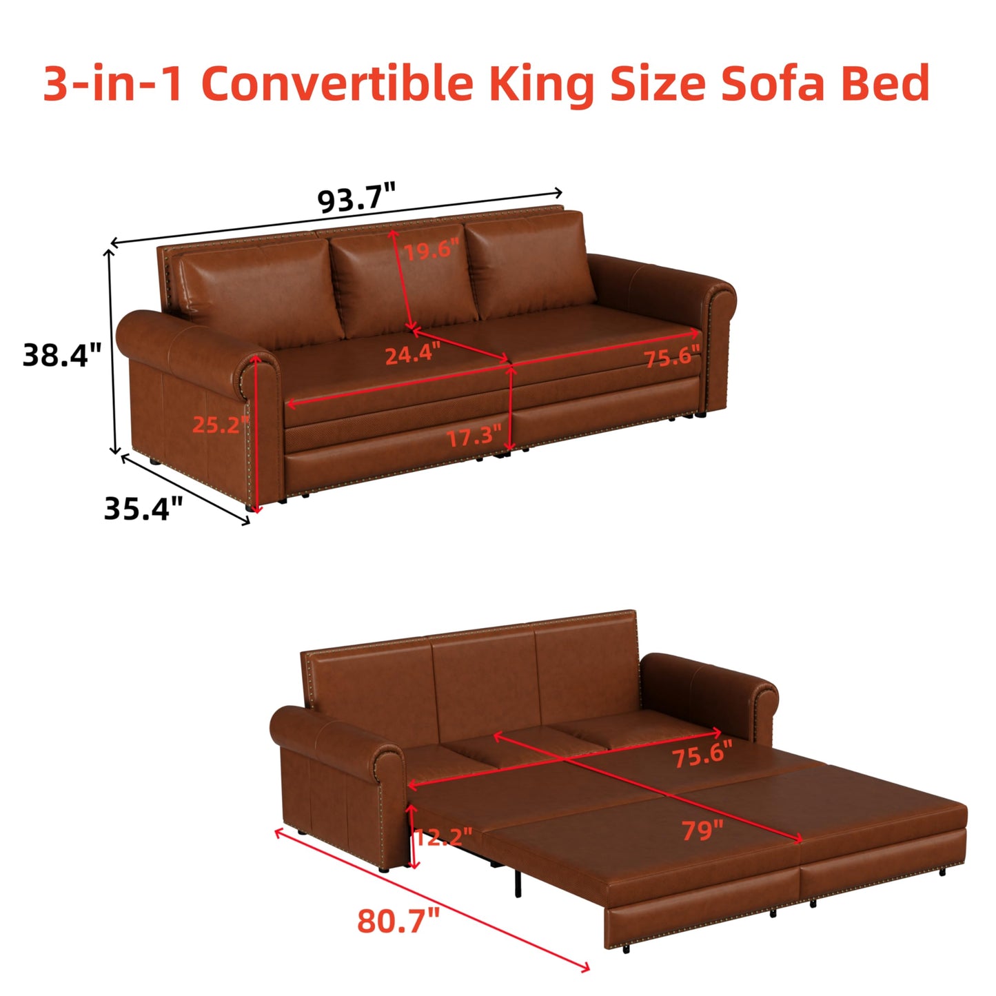 Ball & Cast 3-in-1 Convertible Sofa Bed,93.7" Faux Leather King Pull Out Couch Bed, Loveseat Sleeper Sofa with Nailhead Trim & Rolled Arm,Multi-Functional Sofa Couches for Living Room,Brown